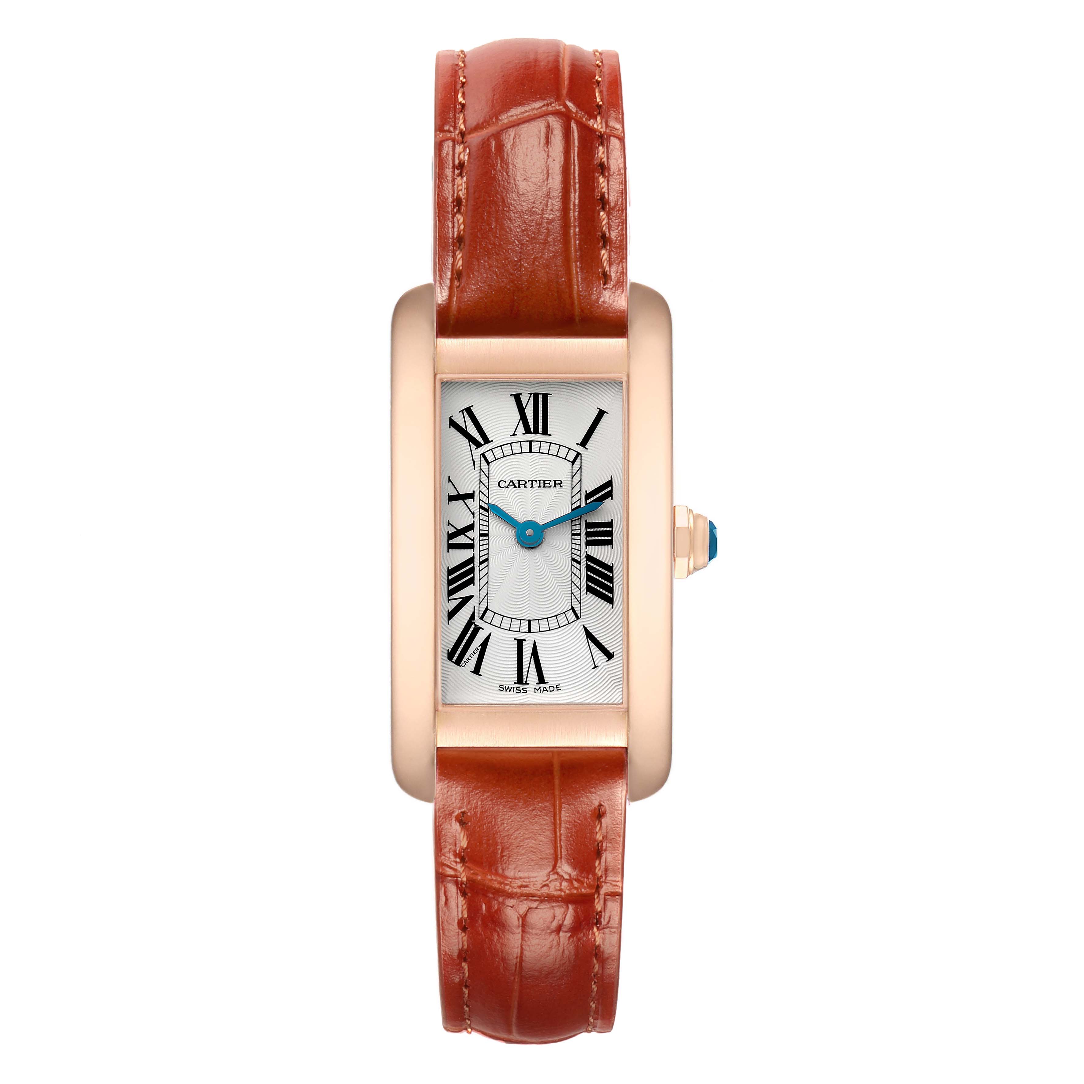 The Cartier Tank Americaine W2607456 Women's Rose Gold Silver Dial watch is shown from the front, displaying its rectangular face, Roman numeral indices, and leather strap.