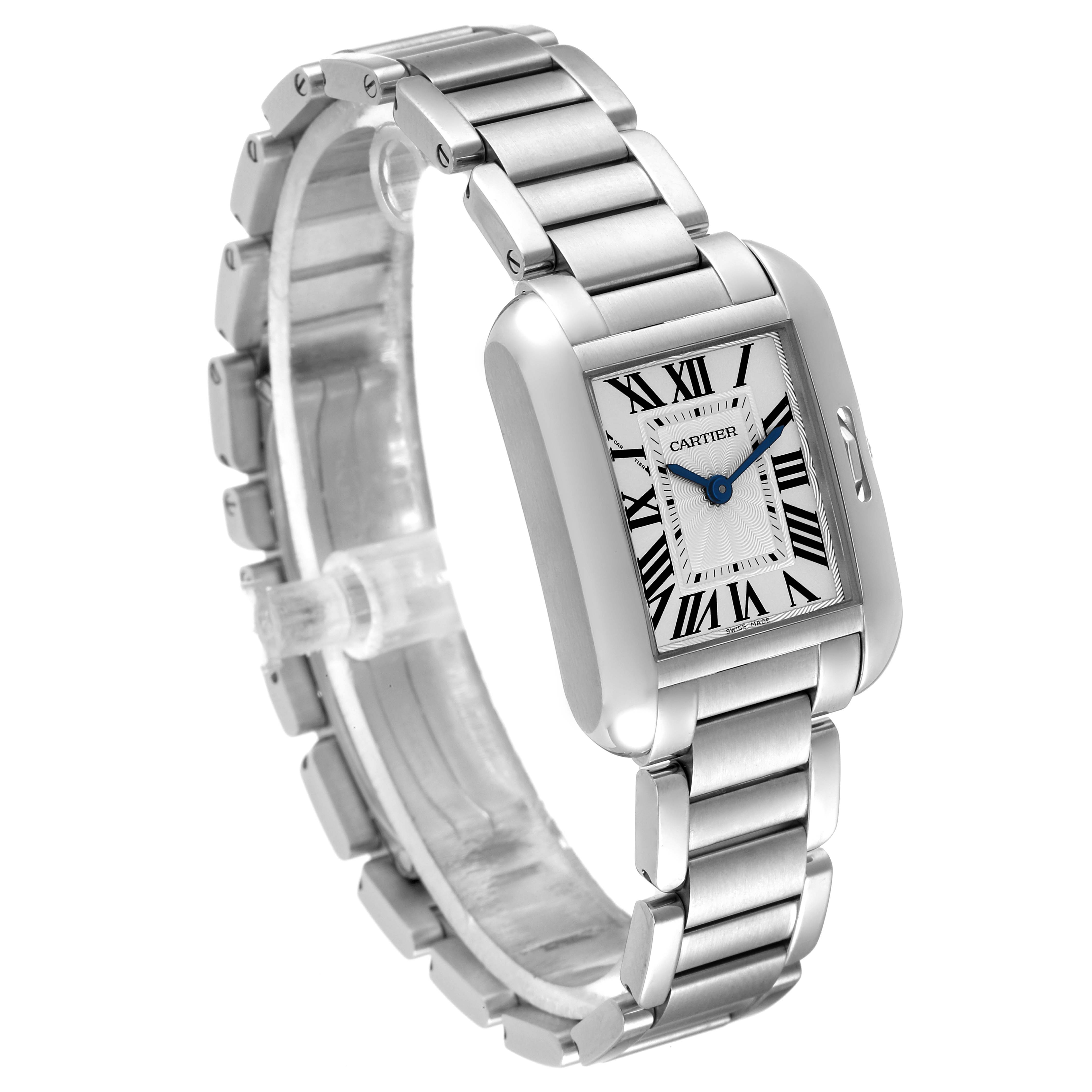 This image shows a three-quarter view of the Cartier Tank Anglaise W5310022 Women
s Stainless Steel Silver Dial W5310022 Women
s Stainless Steel Silver Dial watch, highlighting its face and metal bracelet.