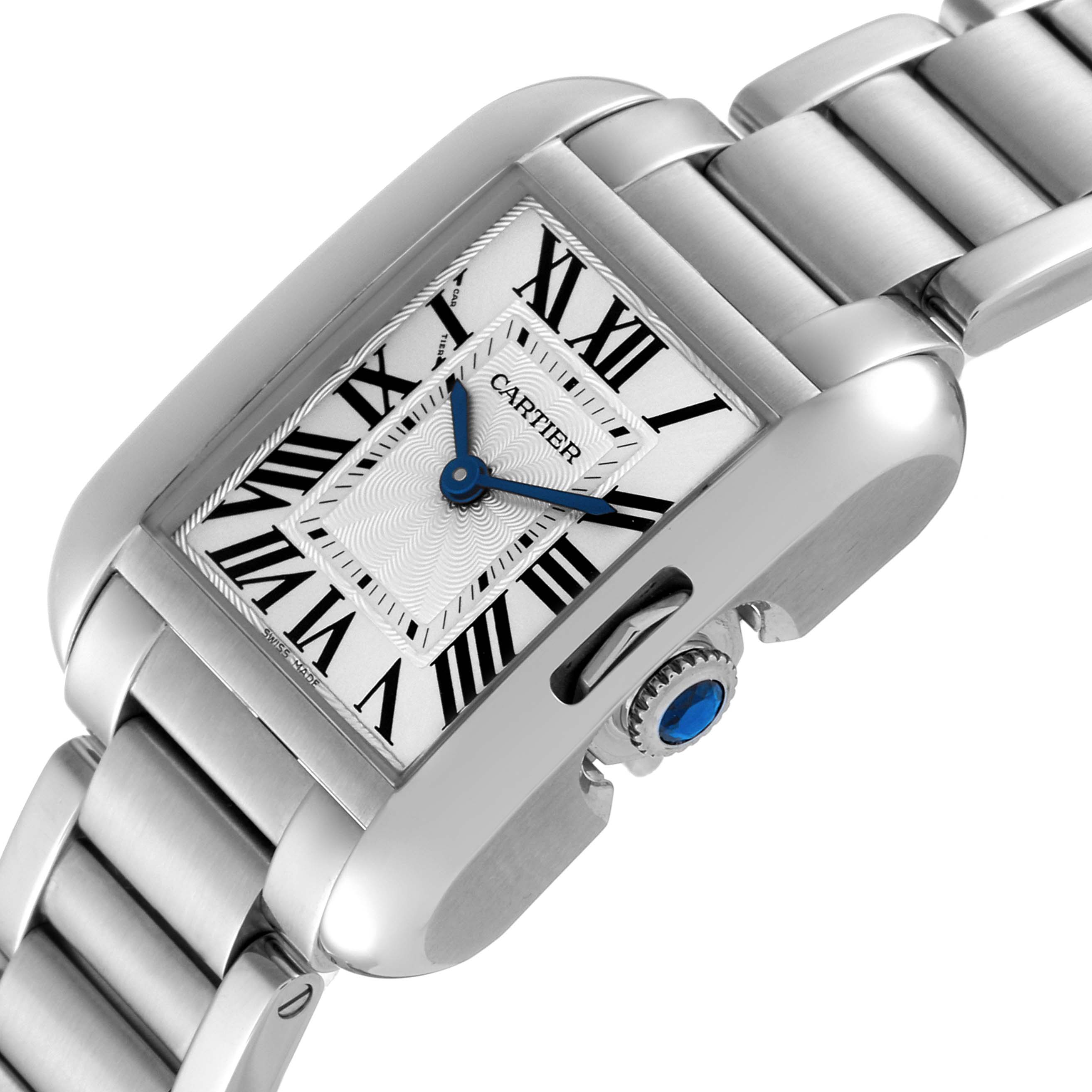 This image shows a close-up view of the Cartier Tank Anglaise W5310022 Women
s Stainless Steel Silver Dial W5310022 Women
s Stainless Steel Silver Dial watch, focusing on its dial, crown, and part of the bracelet.