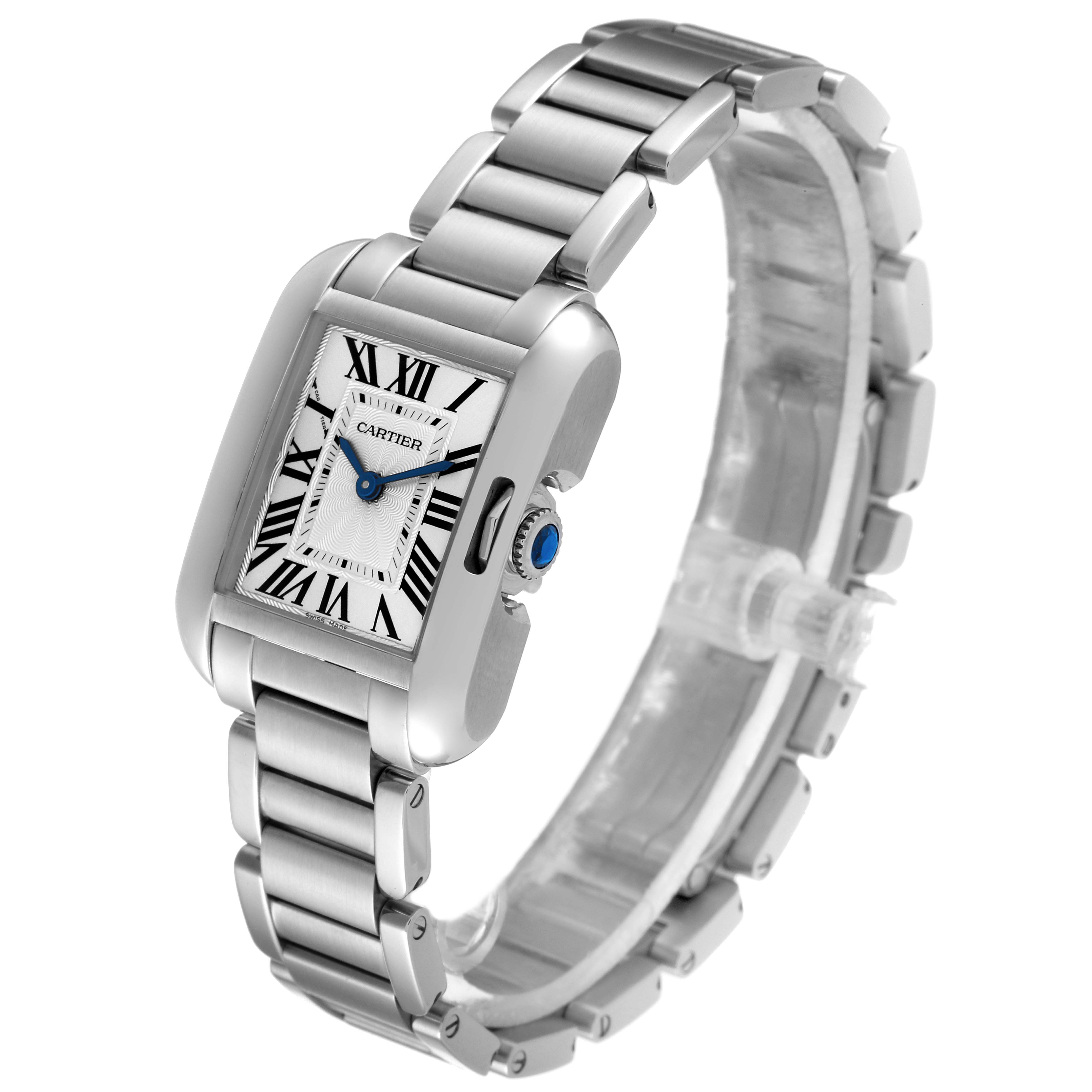 The image shows the Cartier Tank Anglaise W5310022 Women
s Stainless Steel Silver Dial W5310022 Women
s Stainless Steel Silver Dial watch at a slight angle, highlighting its rectangular dial and metal bracelet.