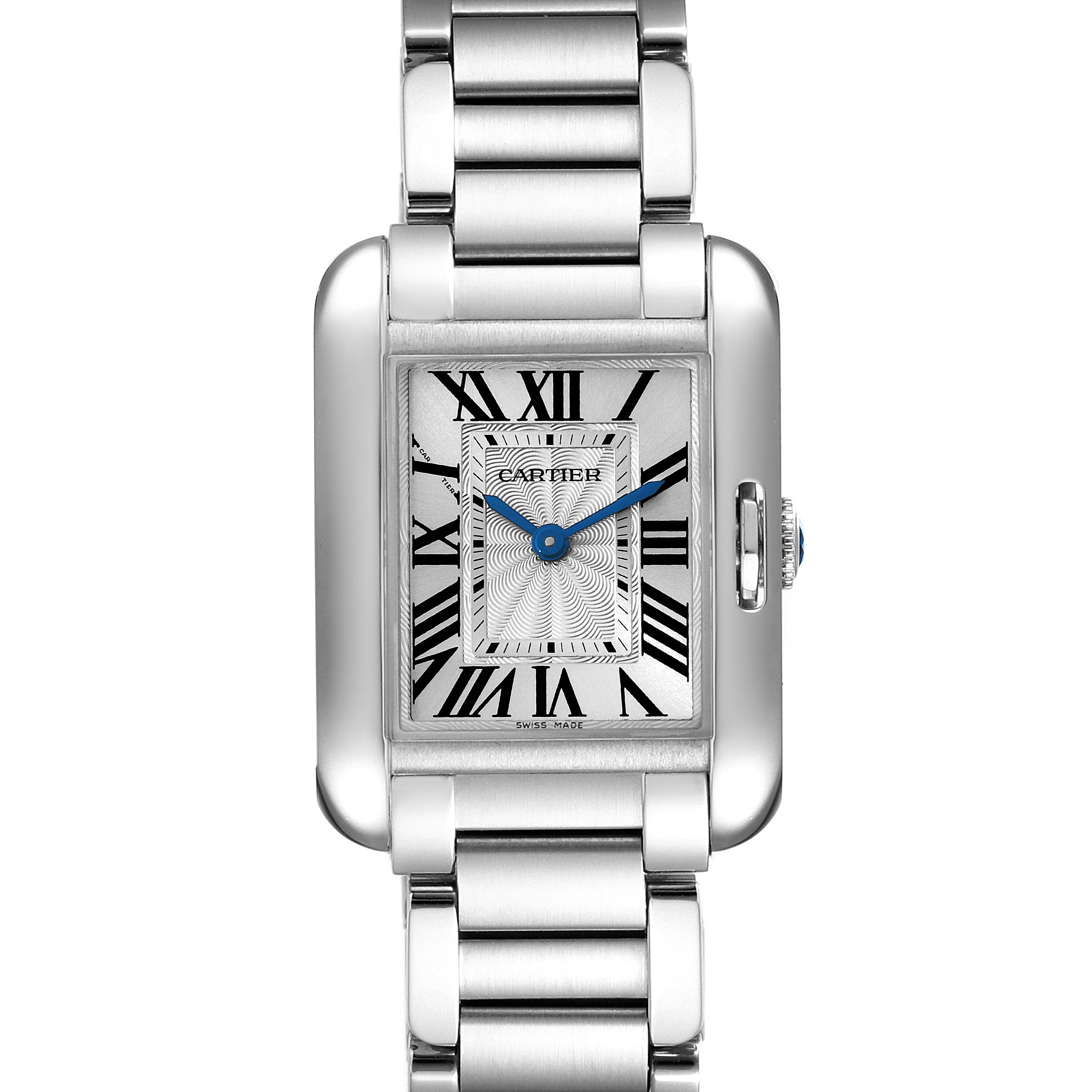 The image shows a front view of the Cartier Tank Anglaise W5310022 Women
s Stainless Steel Silver Dial W5310022 Women
s Stainless Steel Silver Dial watch, including its rectangular face, bracelet, and crown.