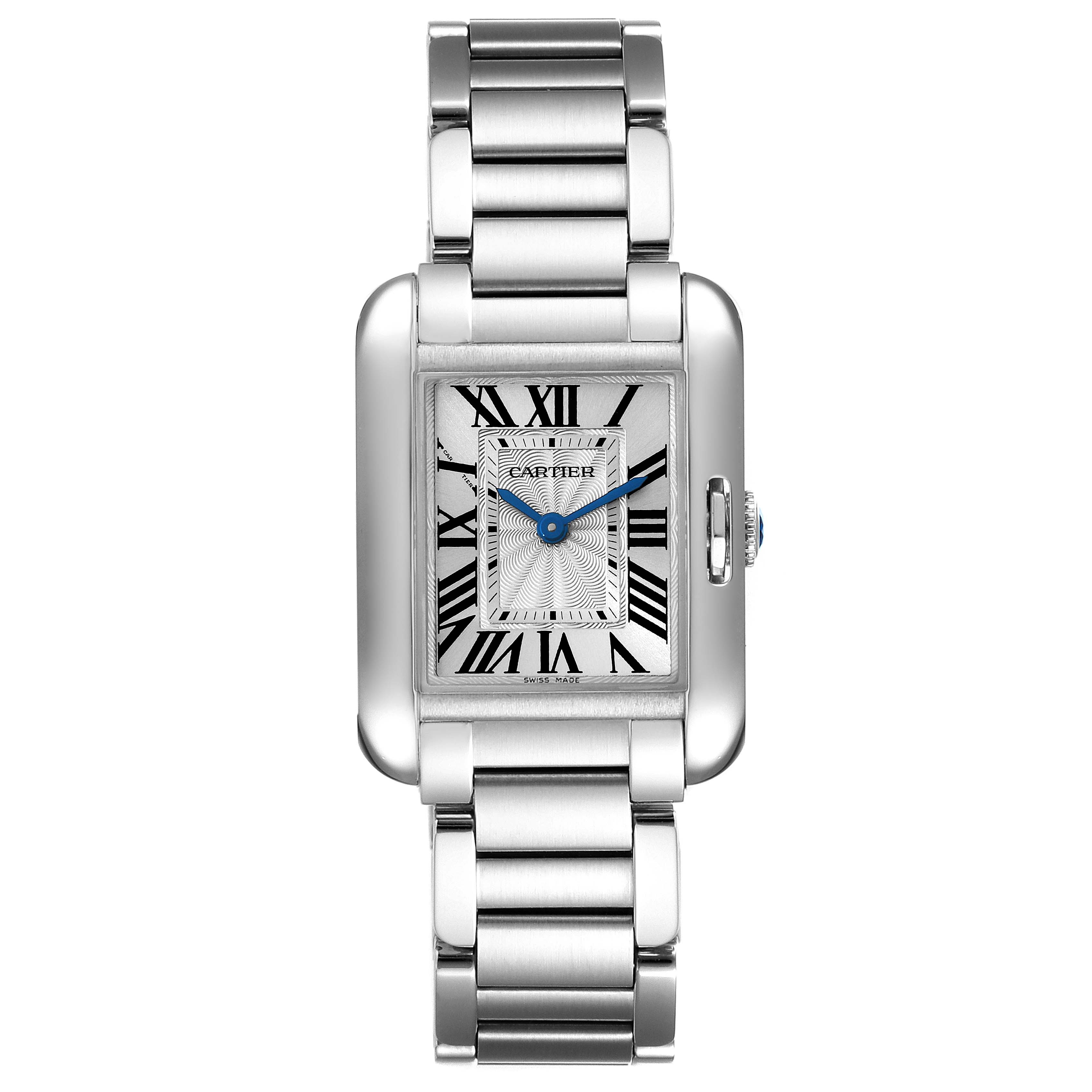 This image shows a front view of the Cartier Tank Anglaise W5310022 Women
s Stainless Steel Silver Dial W5310022 Women
s Stainless Steel Silver Dial watch, highlighting its face and linked metal bracelet.
