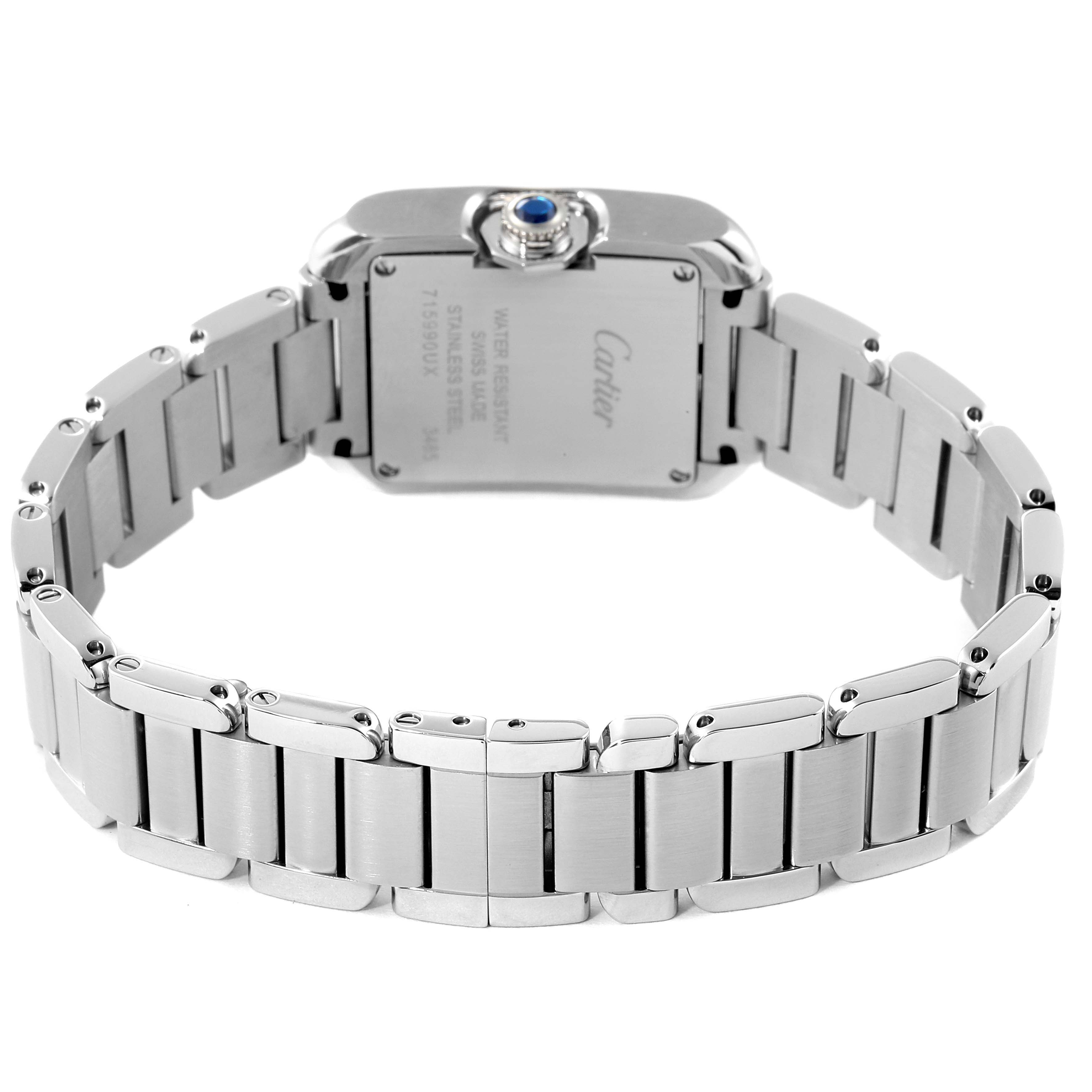 This image shows the back view of a Cartier Tank Anglaise W5310022 Women
s Stainless Steel Silver Dial W5310022 Women
s Stainless Steel Silver Dial watch, highlighting the bracelet and case back.