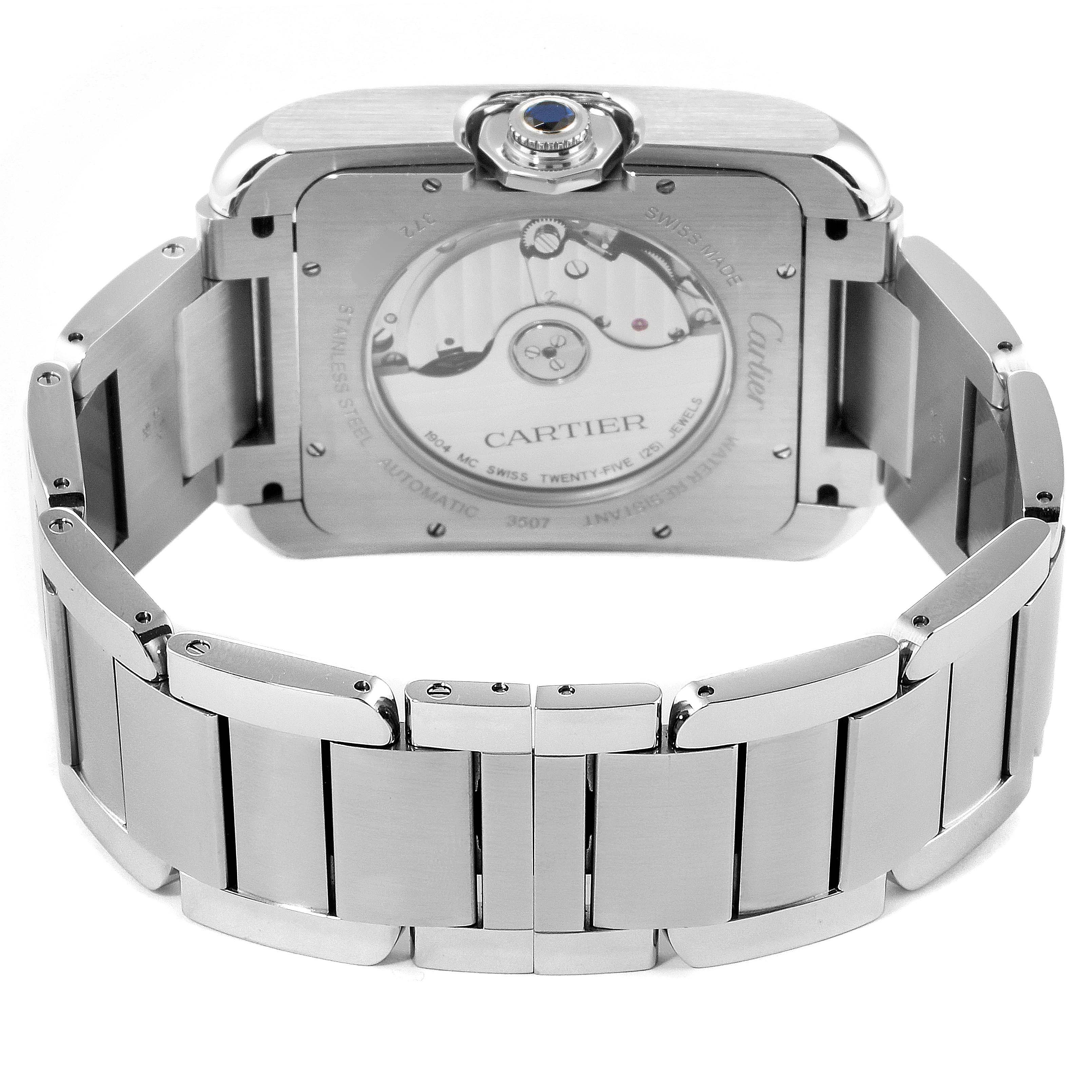The image shows the back view of the Cartier Tank Anglaise W5310008 Men's Stainless Steel Silver Dial W5310008 Men's Stainless Steel Silver Dial watch, highlighting the movement and bracelet.