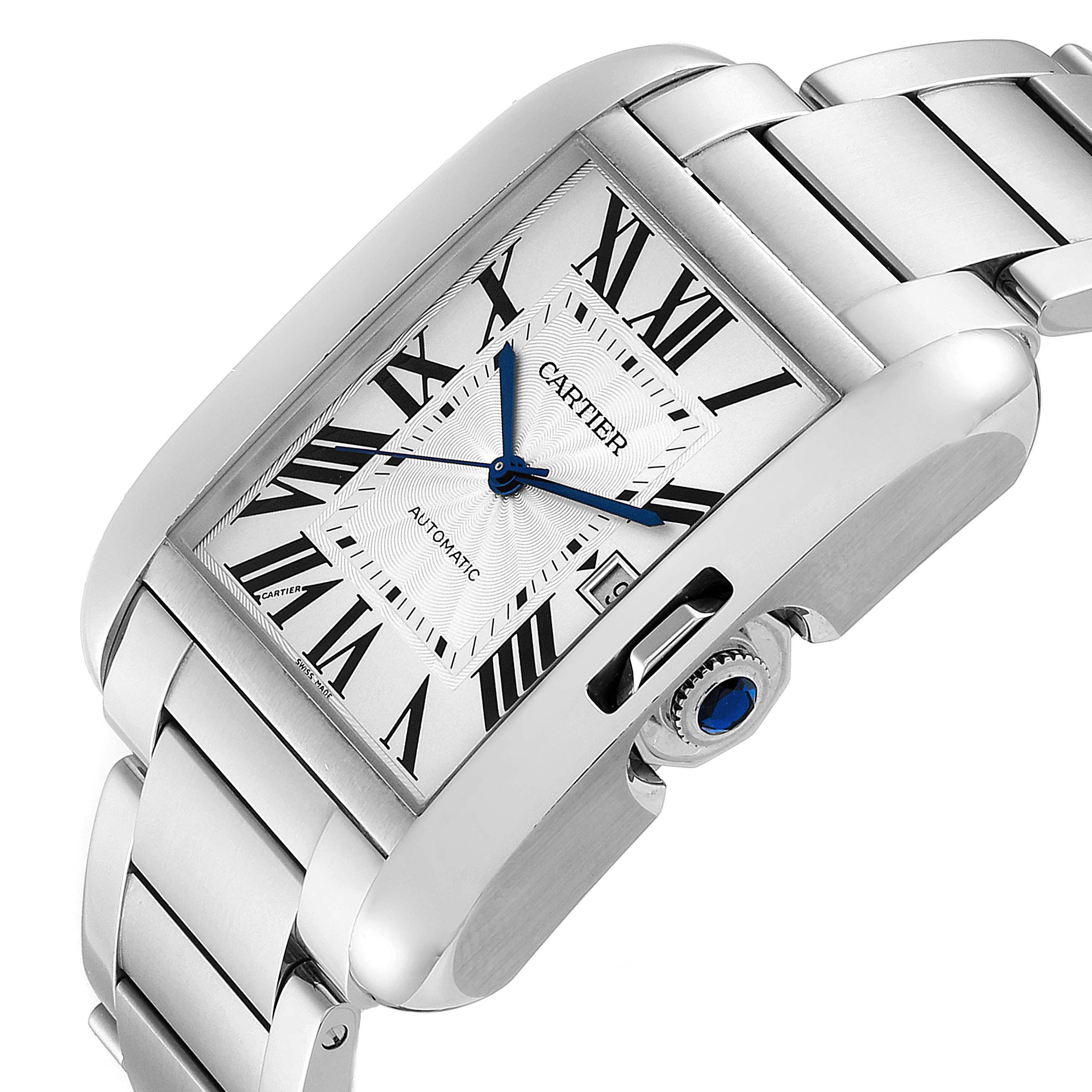 The image shows a side-close angle of the Cartier Tank Anglaise W5310008 Men's Stainless Steel Silver Dial W5310008 Men's Stainless Steel Silver Dial watch, displaying the bracelet, crown, and dial.