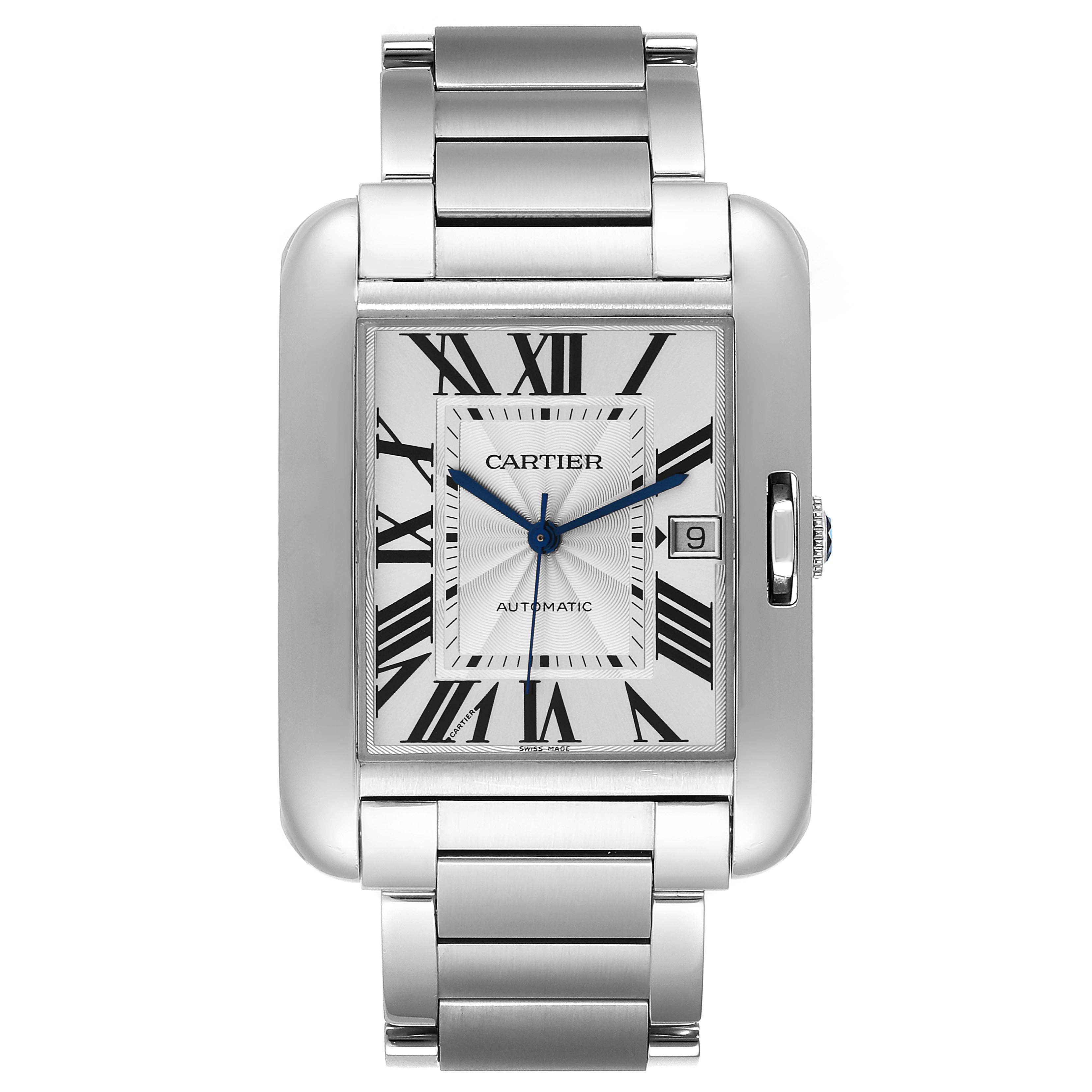The image shows a front view of a Cartier Tank Anglaise W5310008 Men's Stainless Steel Silver Dial W5310008 Men's Stainless Steel Silver Dial watch, displaying its face, case, and metal bracelet.