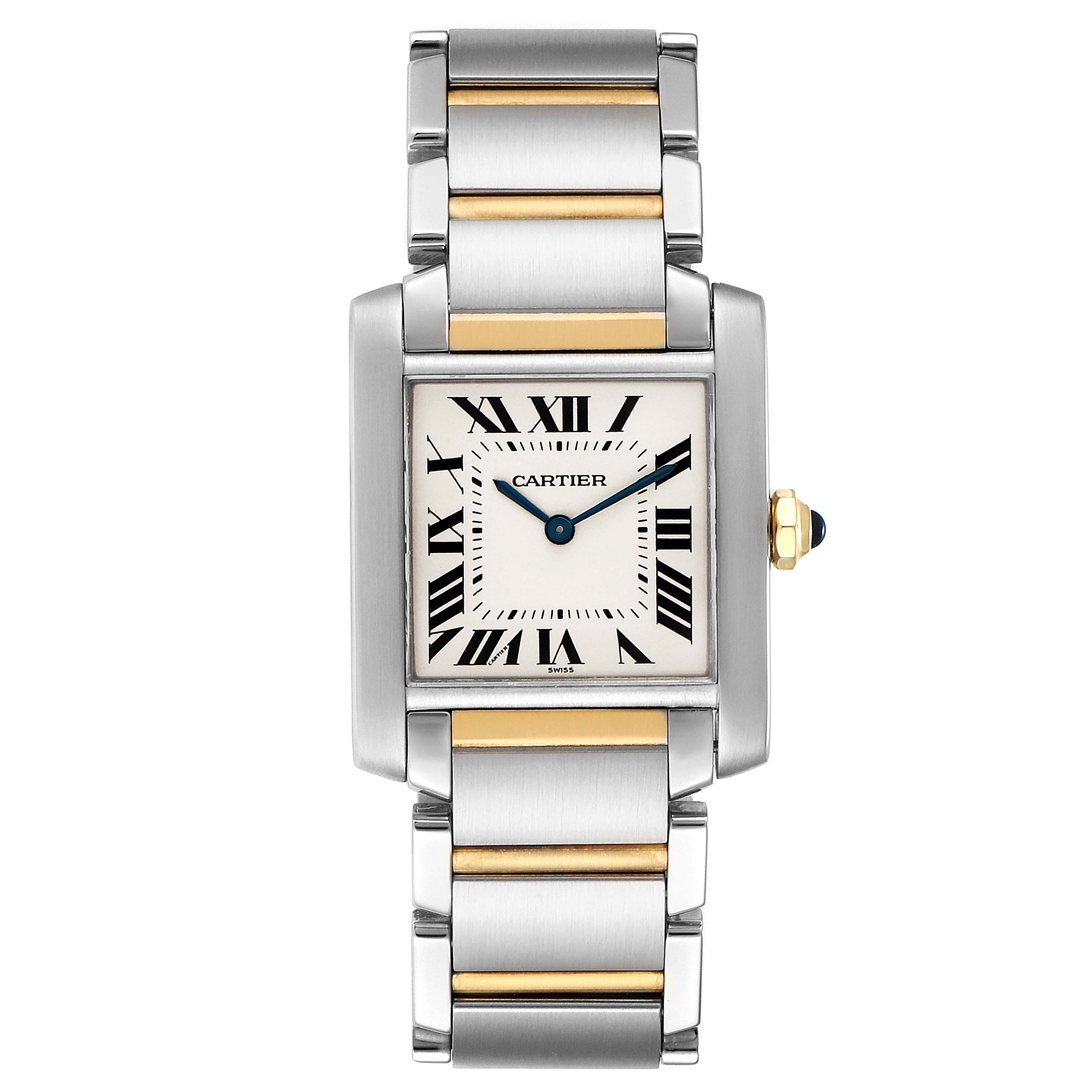 The image shows a Cartier Tank Francaise W2TA0003 Women's Steel and Gold (two tone) Silver Dial W2TA0003 Women's Steel and Gold (two tone) Silver Dial watch from a front angle, highlighting its rectangular face and two-tone bracelet.