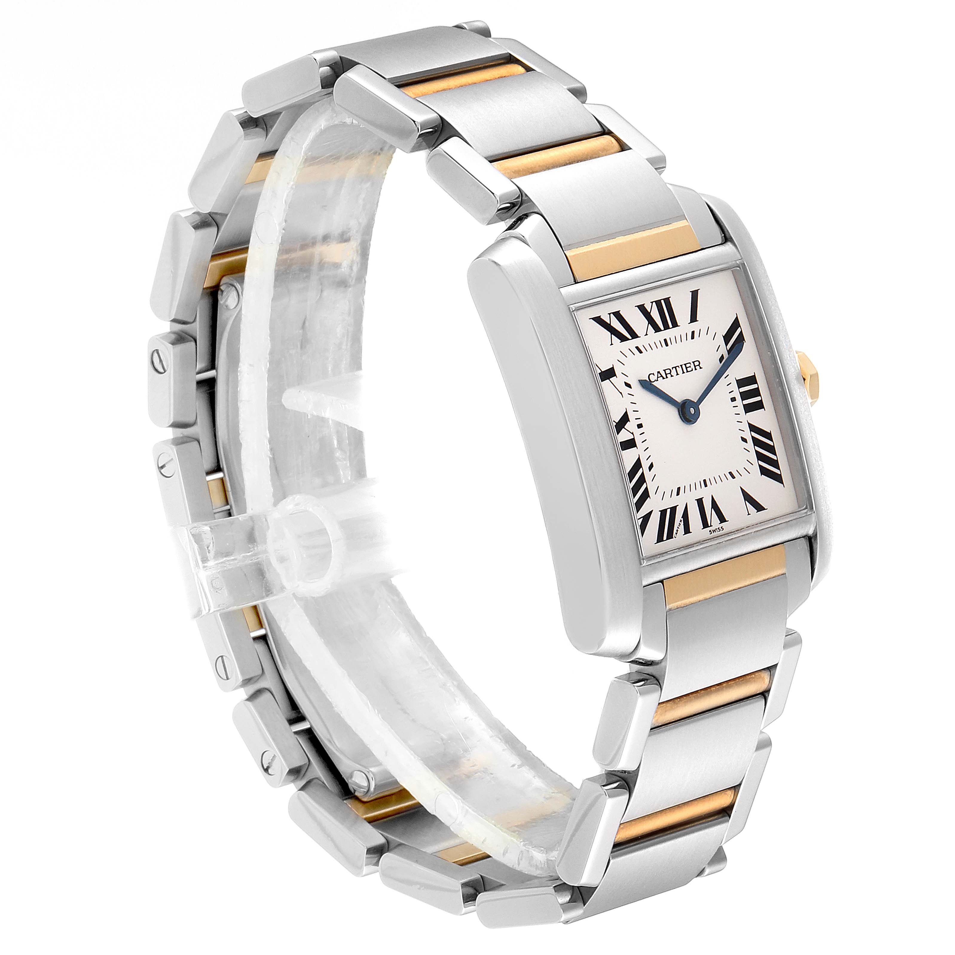 The Cartier Tank Francaise W2TA0003 Women's Steel and Gold (two tone) Silver Dial W2TA0003 Women's Steel and Gold (two tone) Silver Dial watch is shown at a three-quarter angle, highlighting its rectangular dial and two-tone metal bracelet.