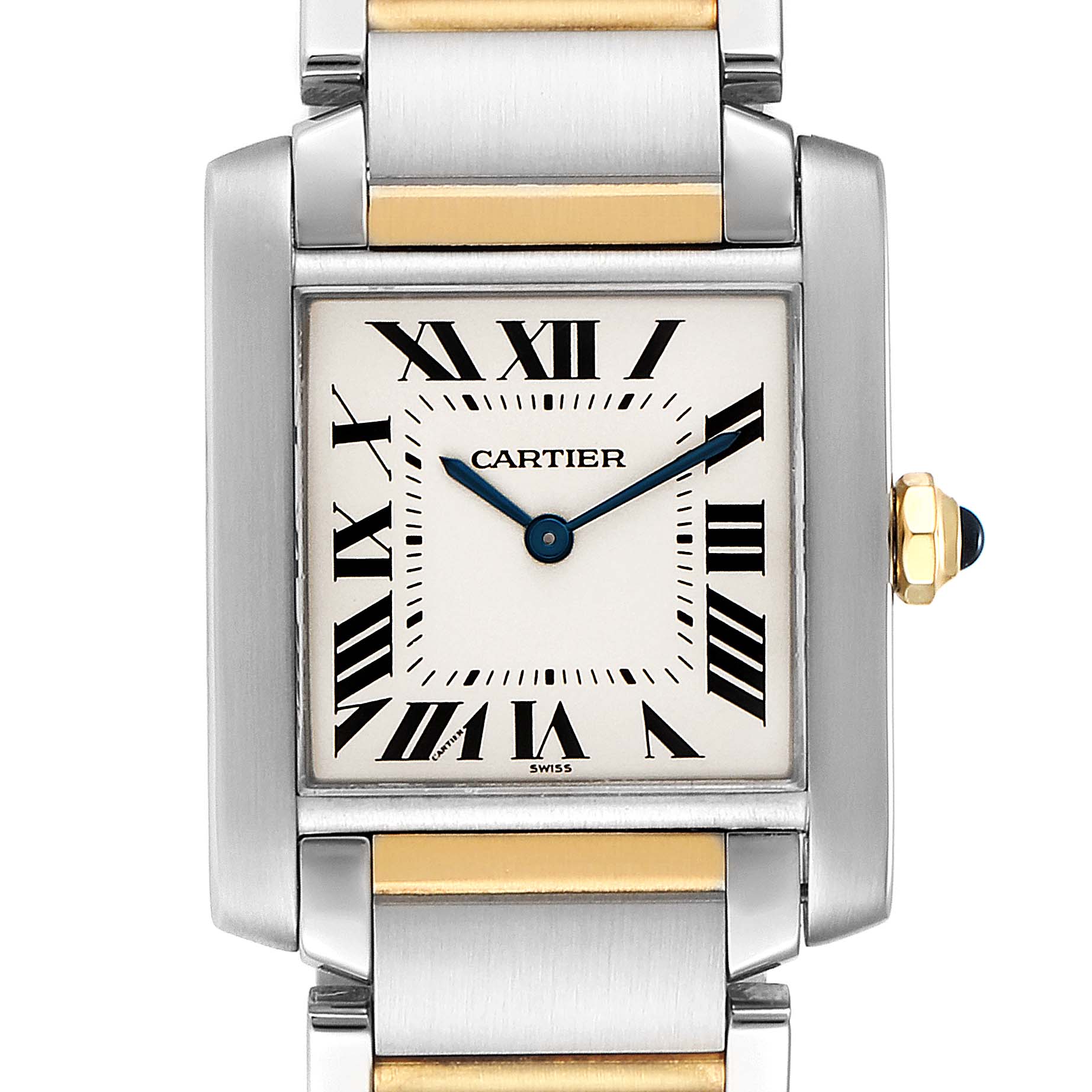 The image shows the face and part of the strap of a Cartier Tank Francaise W2TA0003 Women's Steel and Gold (two tone) Silver Dial W2TA0003 Women's Steel and Gold (two tone) Silver Dial watch, featuring Roman numerals and gold accents.