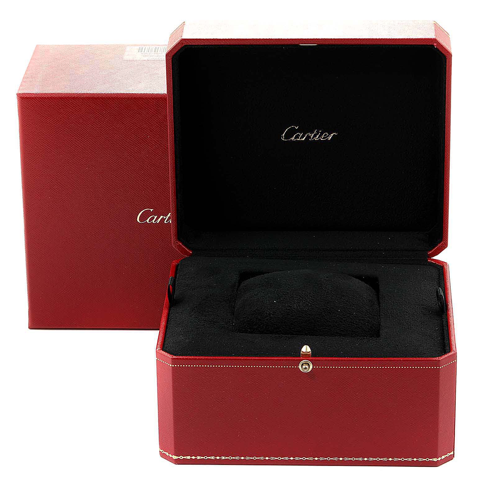 The image shows an open Cartier Tank Française watch box with a red outer box in the background.