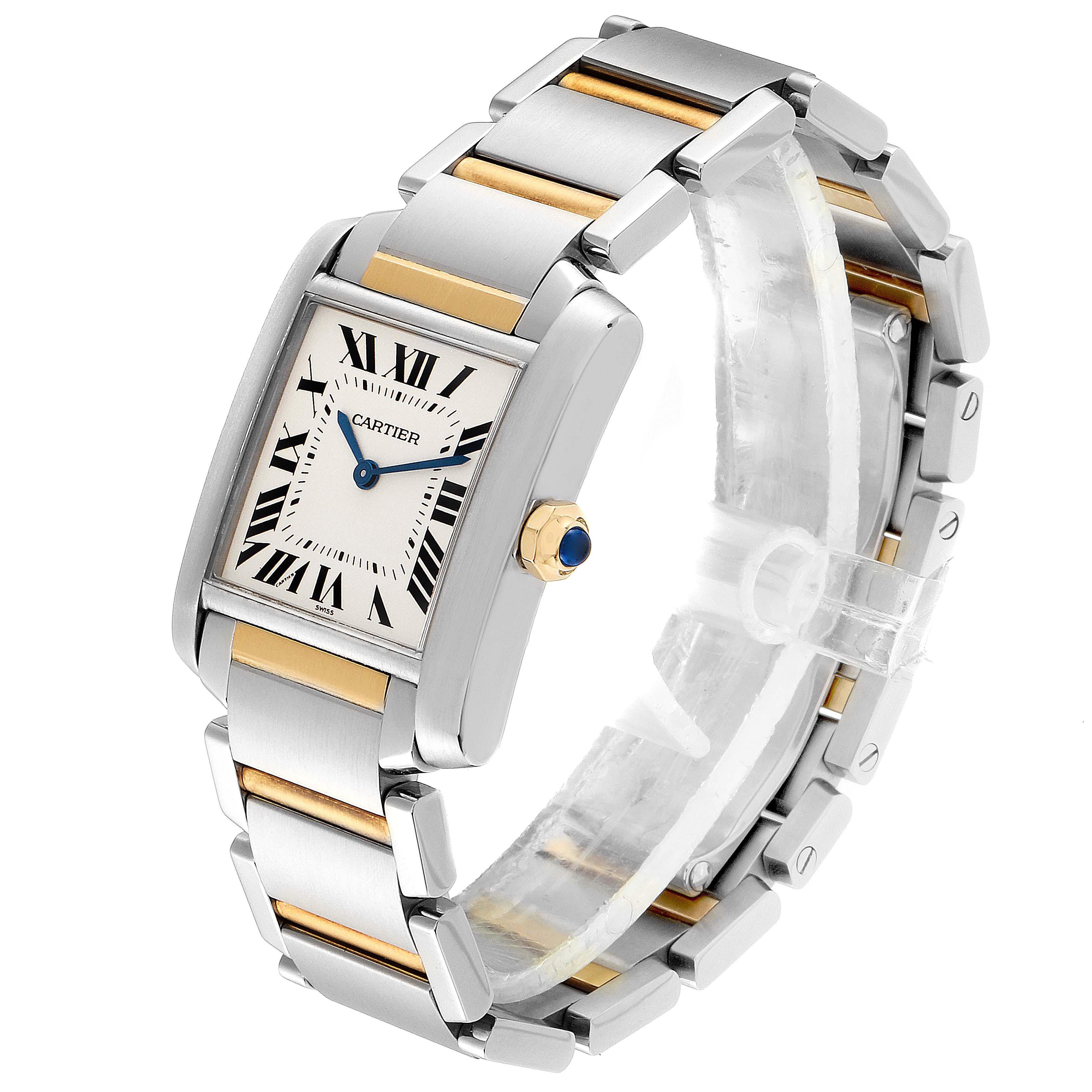 This image shows a Cartier Tank Francaise W2TA0003 Women's Steel and Gold (two tone) Silver Dial W2TA0003 Women's Steel and Gold (two tone) Silver Dial watch at an angled side front view, highlighting its stainless steel and gold bracelet.