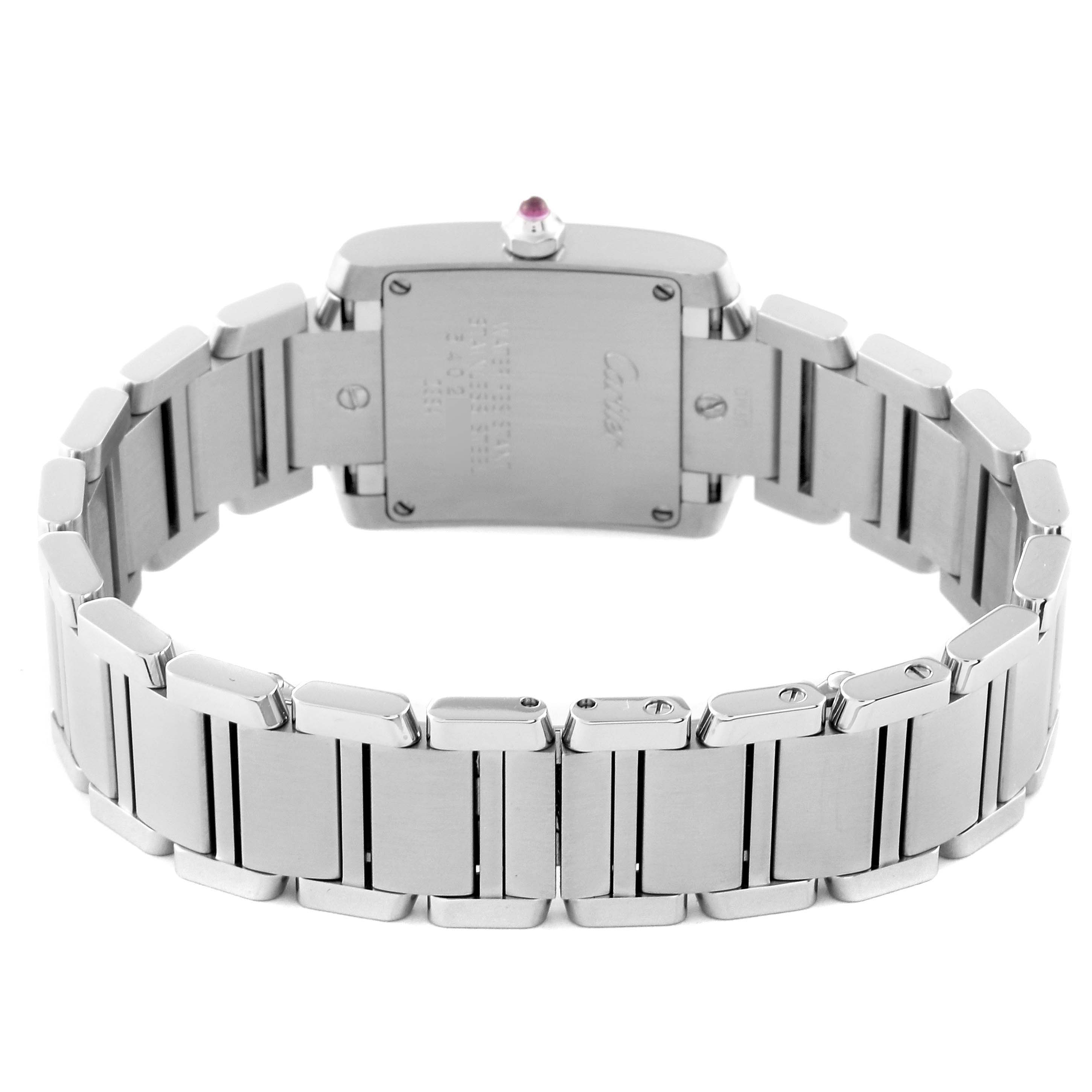 The image shows the back view of a Cartier Tank Francaise W51028Q3 Women's Stainless Steel Mother of Pearl Dial W51028Q3 Women's Stainless Steel Mother of Pearl Dial watch, highlighting the bracelet and case back.