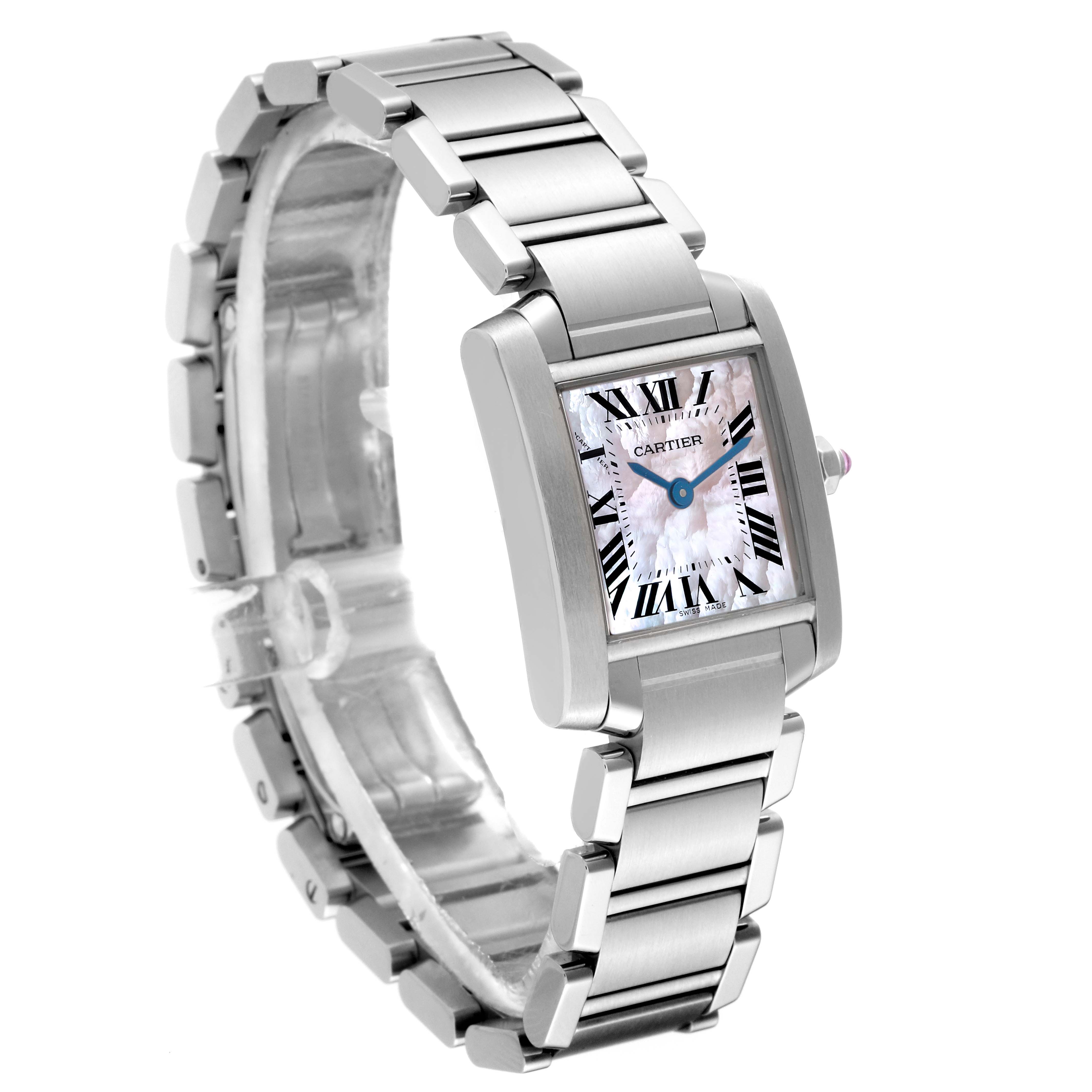The image shows a Cartier Tank Francaise W51028Q3 Women's Stainless Steel Mother of Pearl Dial W51028Q3 Women's Stainless Steel Mother of Pearl Dial watch at an angled view, highlighting its rectangular face and link bracelet.