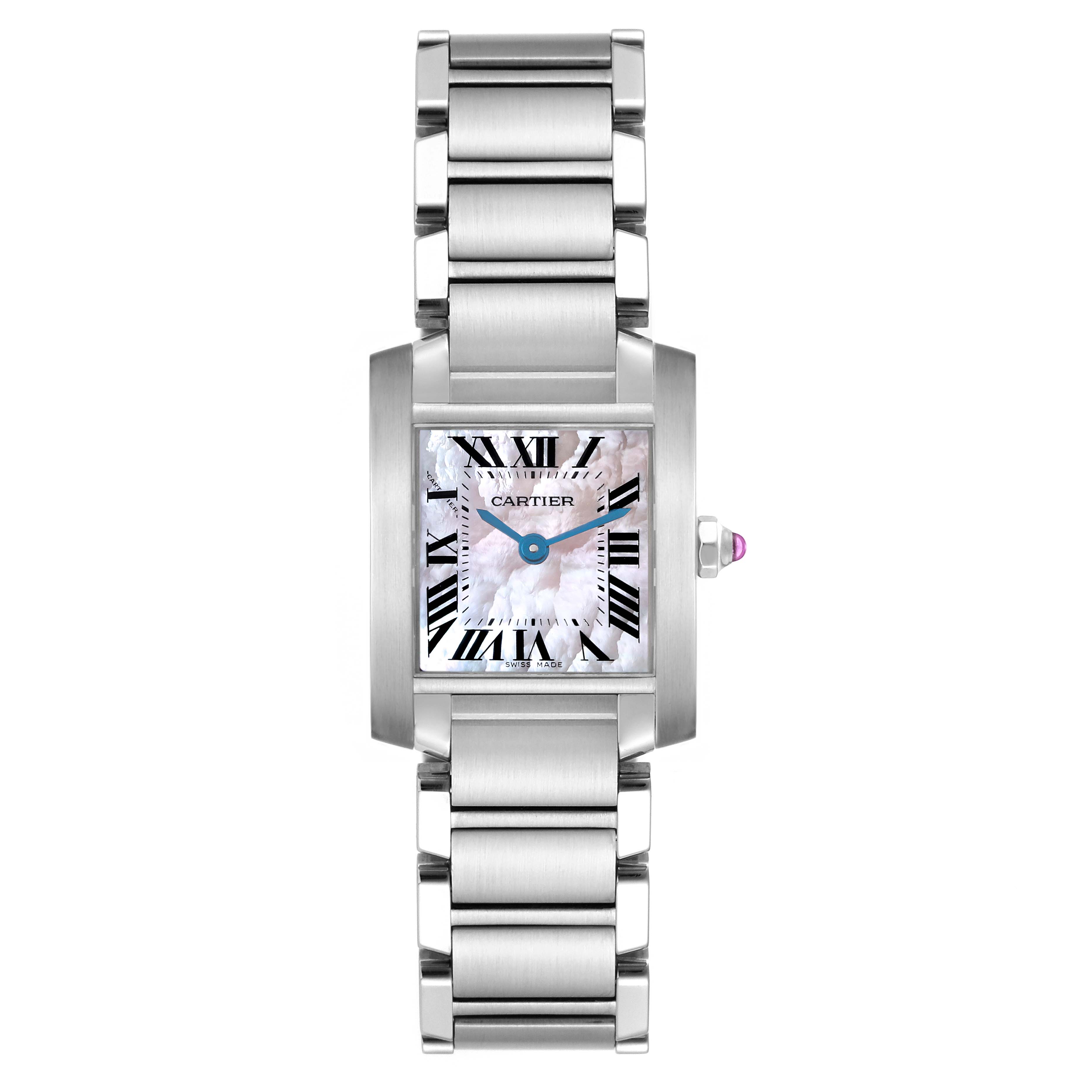 The image shows a front view of a Tank Française model watch by Cartier, highlighting its dial, bracelet, and crown.