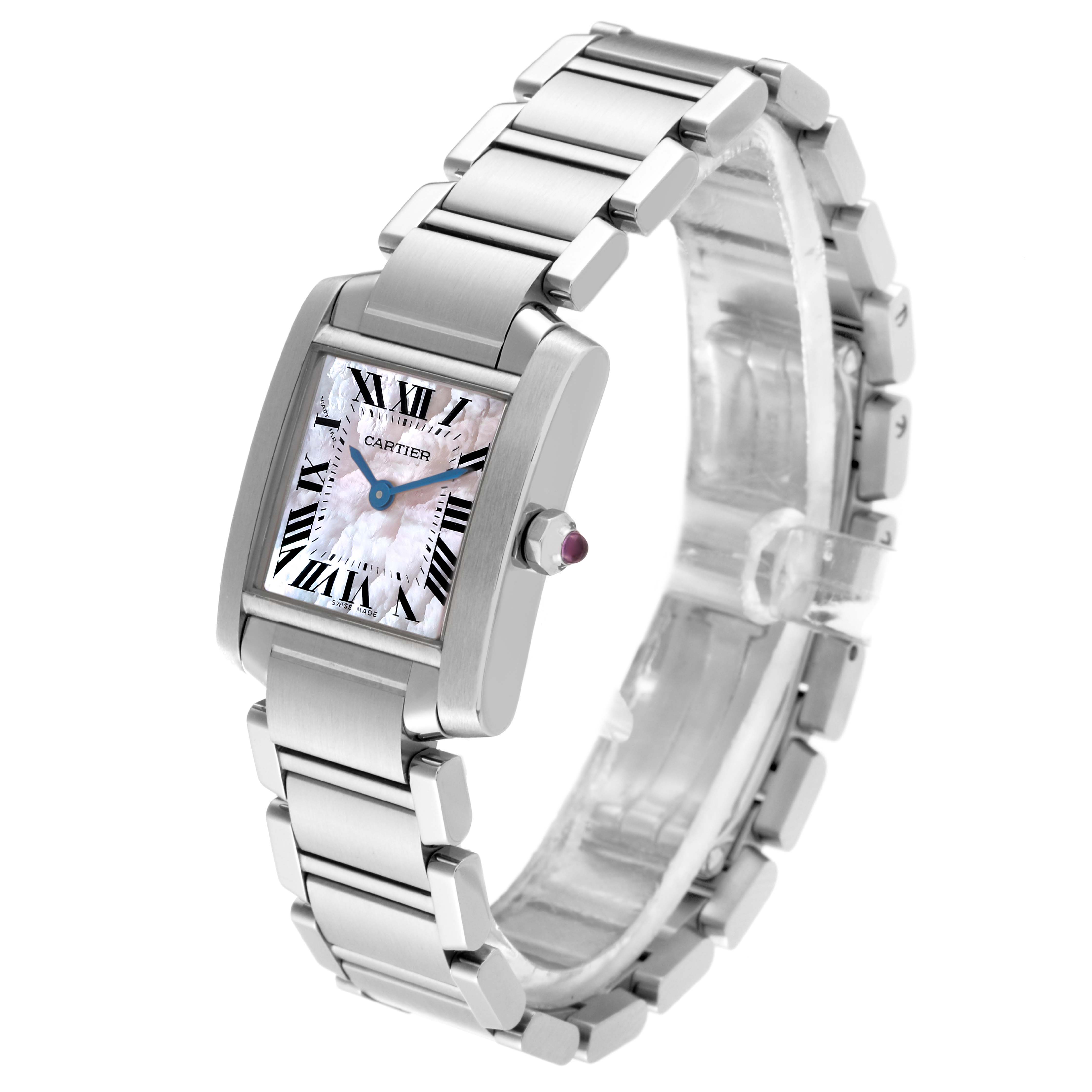 This image shows a Cartier Tank Francaise W51028Q3 Women's Stainless Steel Mother of Pearl Dial W51028Q3 Women's Stainless Steel Mother of Pearl Dial watch angled to display its rectangular face and stainless steel bracelet.