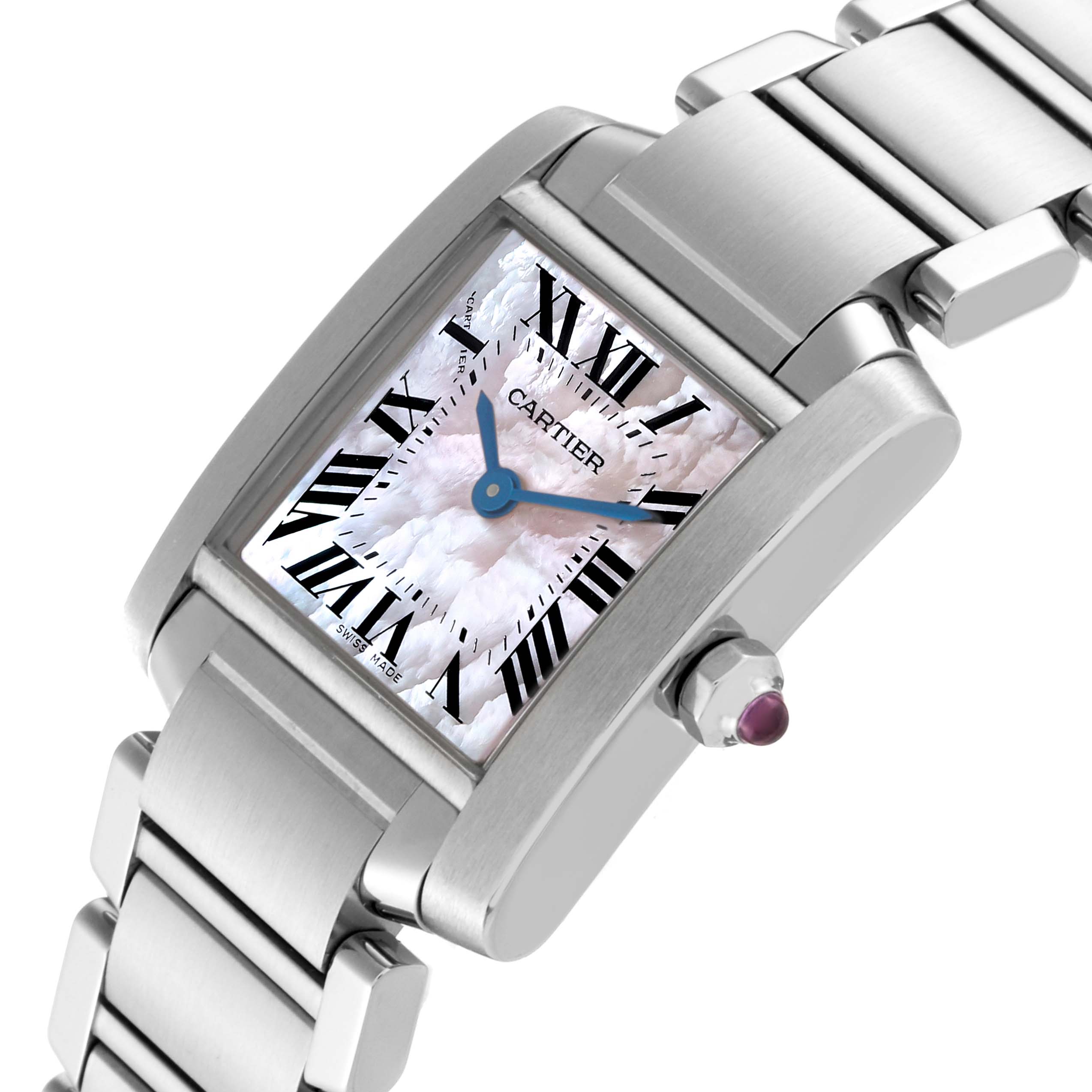 The image shows a close-up of the Cartier Tank Francaise W51028Q3 Women's Stainless Steel Mother of Pearl Dial W51028Q3 Women's Stainless Steel Mother of Pearl Dial watch, highlighting the face, crown, and stainless steel bracelet.