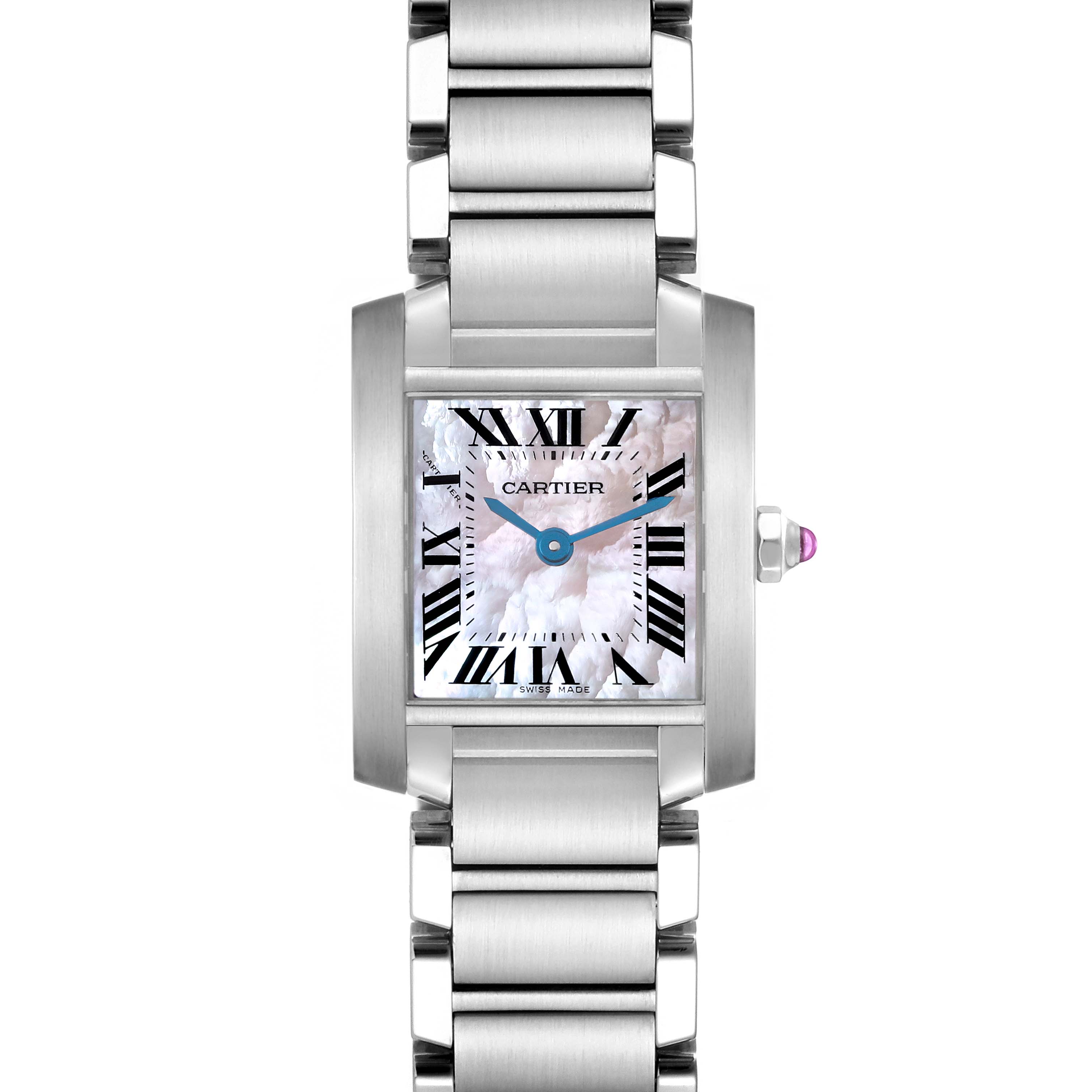 The image shows a front view of the Cartier Tank Française watch, displaying its dial, bracelet, and signature blue hands.