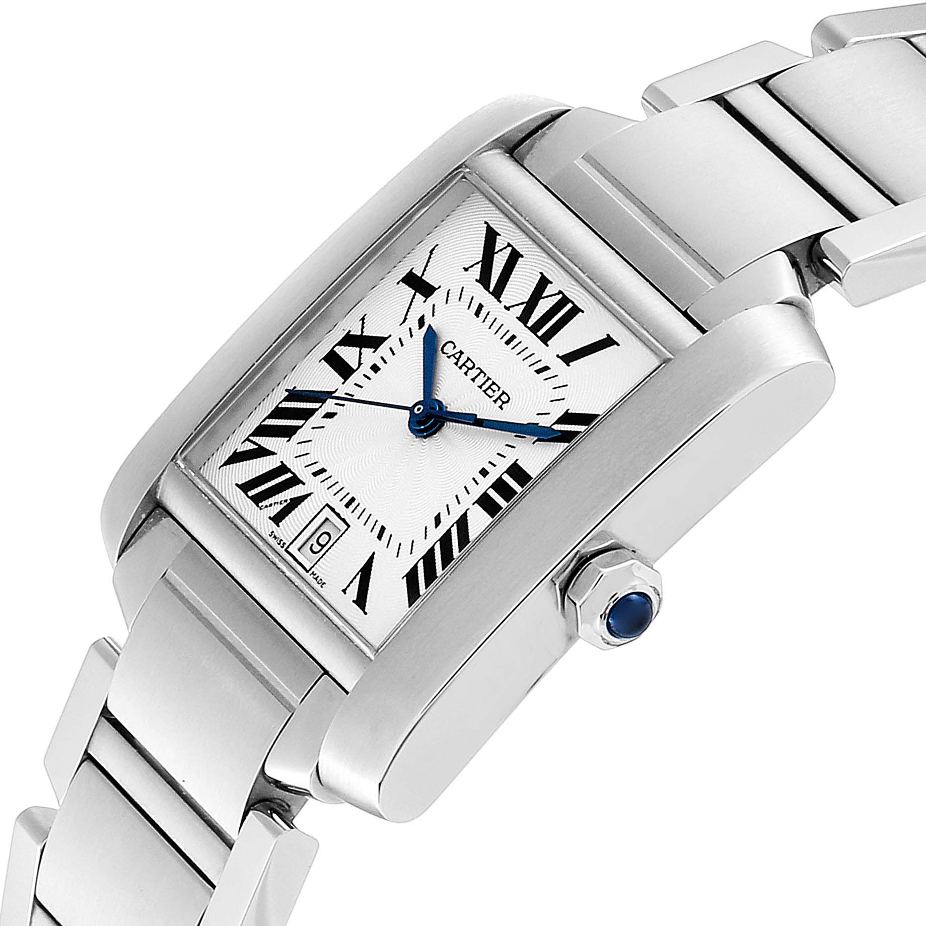 The image shows a tilted side view of the Cartier Tank Française watch, highlighting its dial, bracelet, and crown with a blue gem.