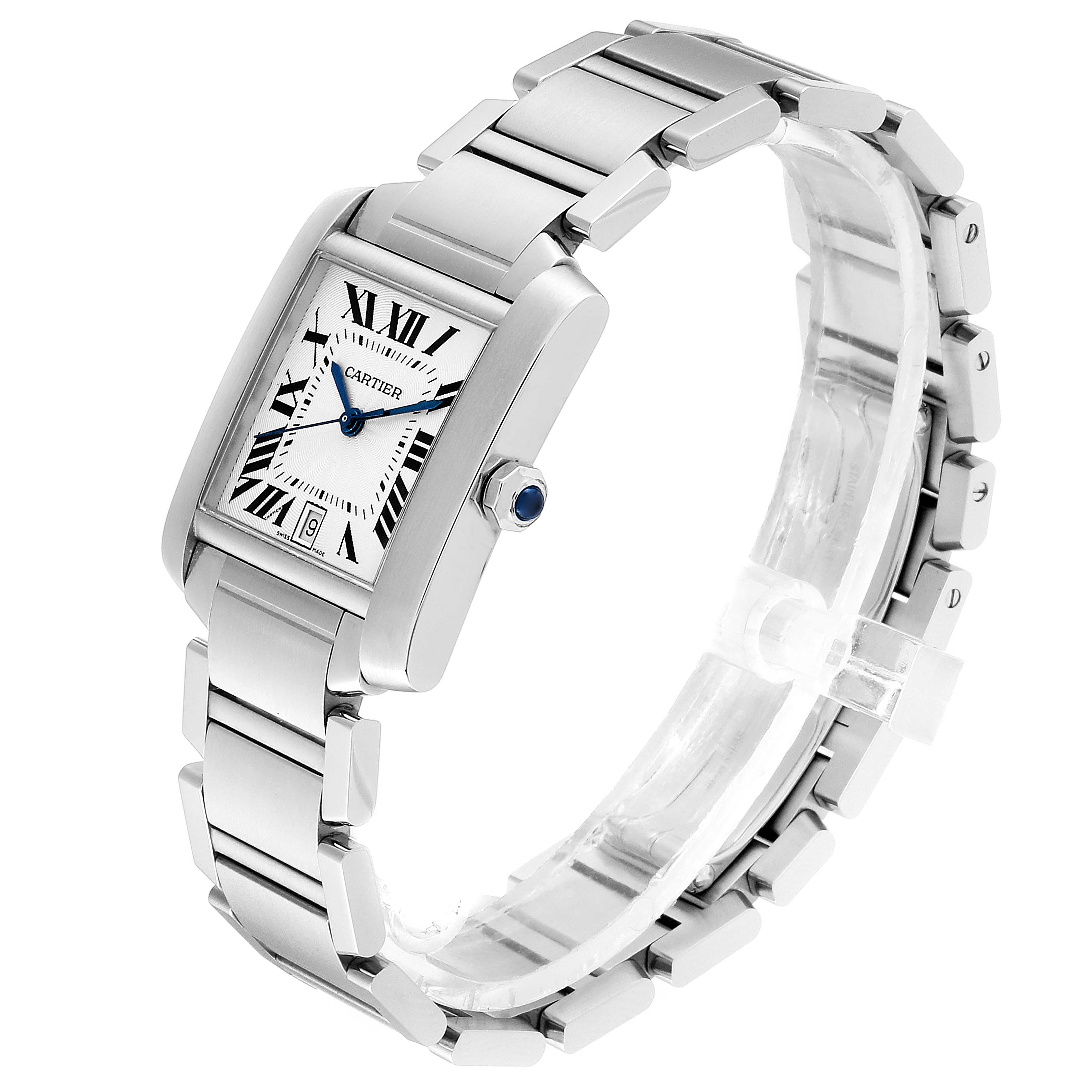 The image shows a side-angle view of the Cartier Tank Francaise W51002Q3 Men's Stainless Steel Silver Dial W51002Q3 Men's Stainless Steel Silver Dial watch, highlighting its bracelet, case, and crown.