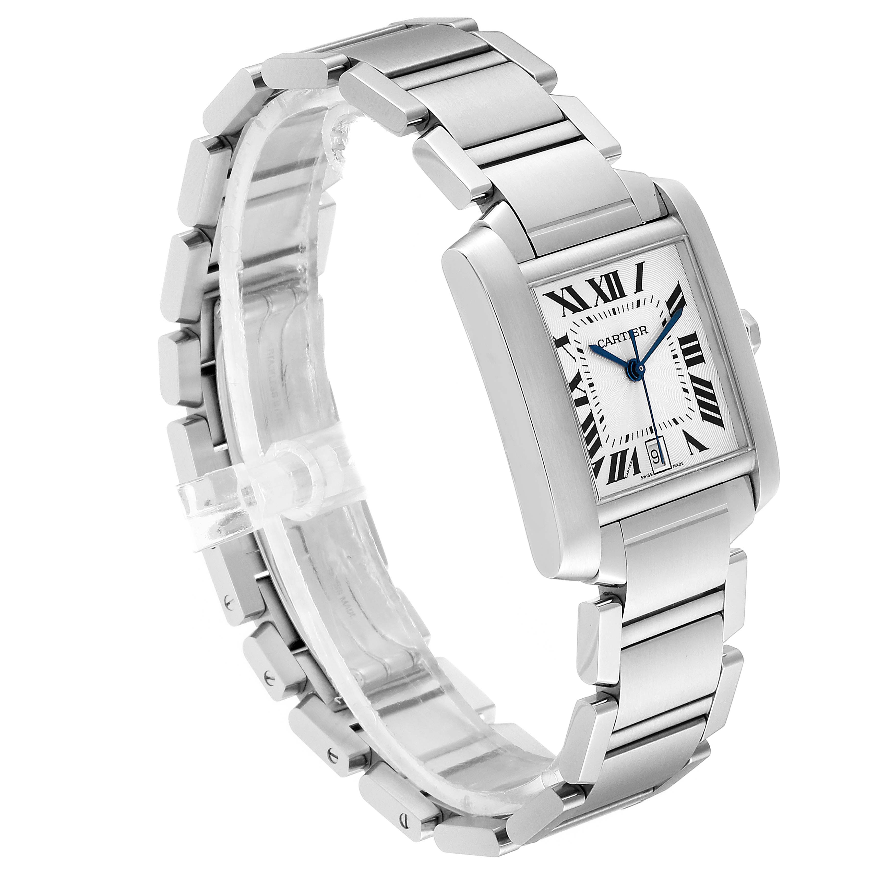 The image shows a side angle of a Cartier Tank Française watch, highlighting the stainless steel bracelet and rectangular dial.