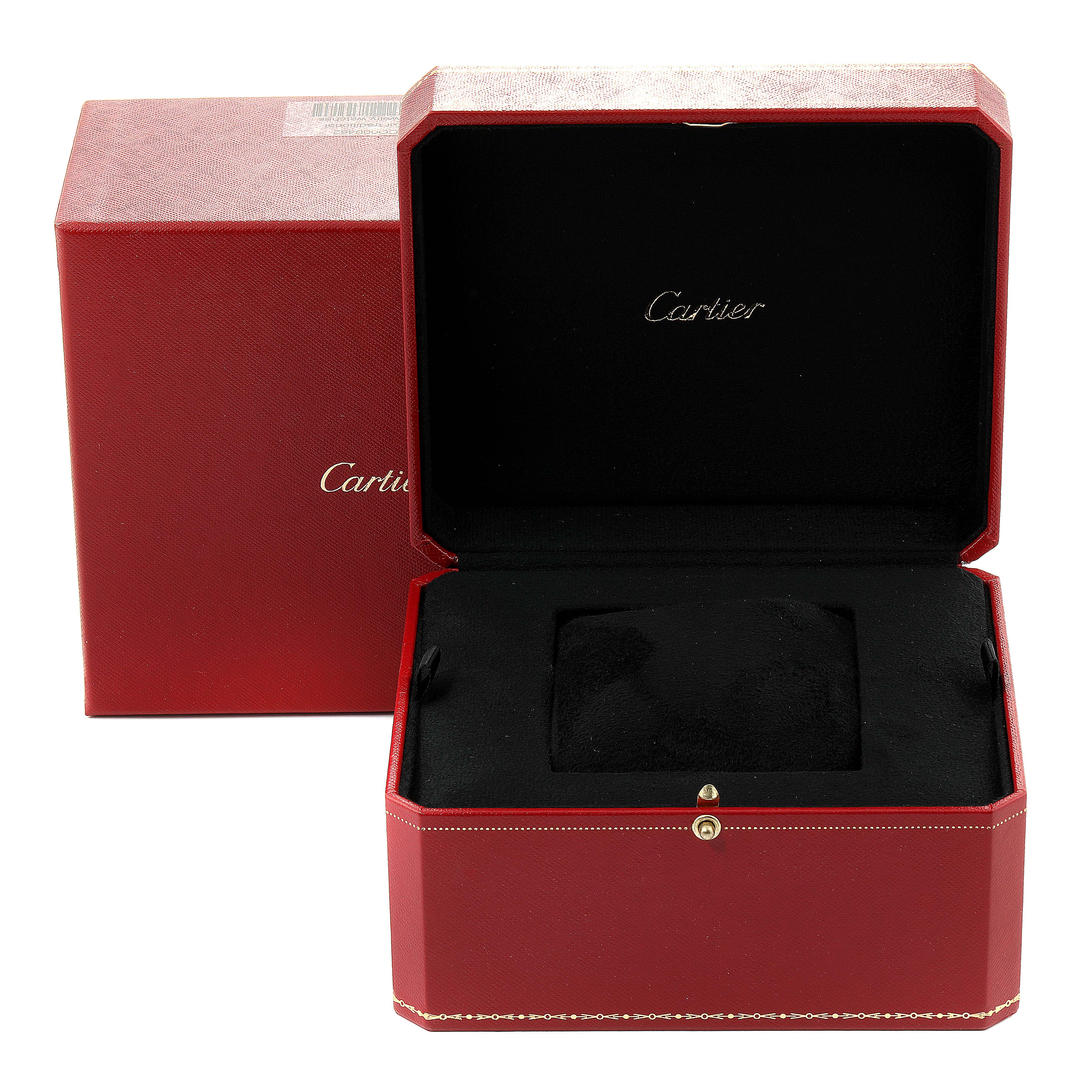 The image shows an open Cartier Tank Française watch box at an angle, revealing the interior cushion and exterior packaging.