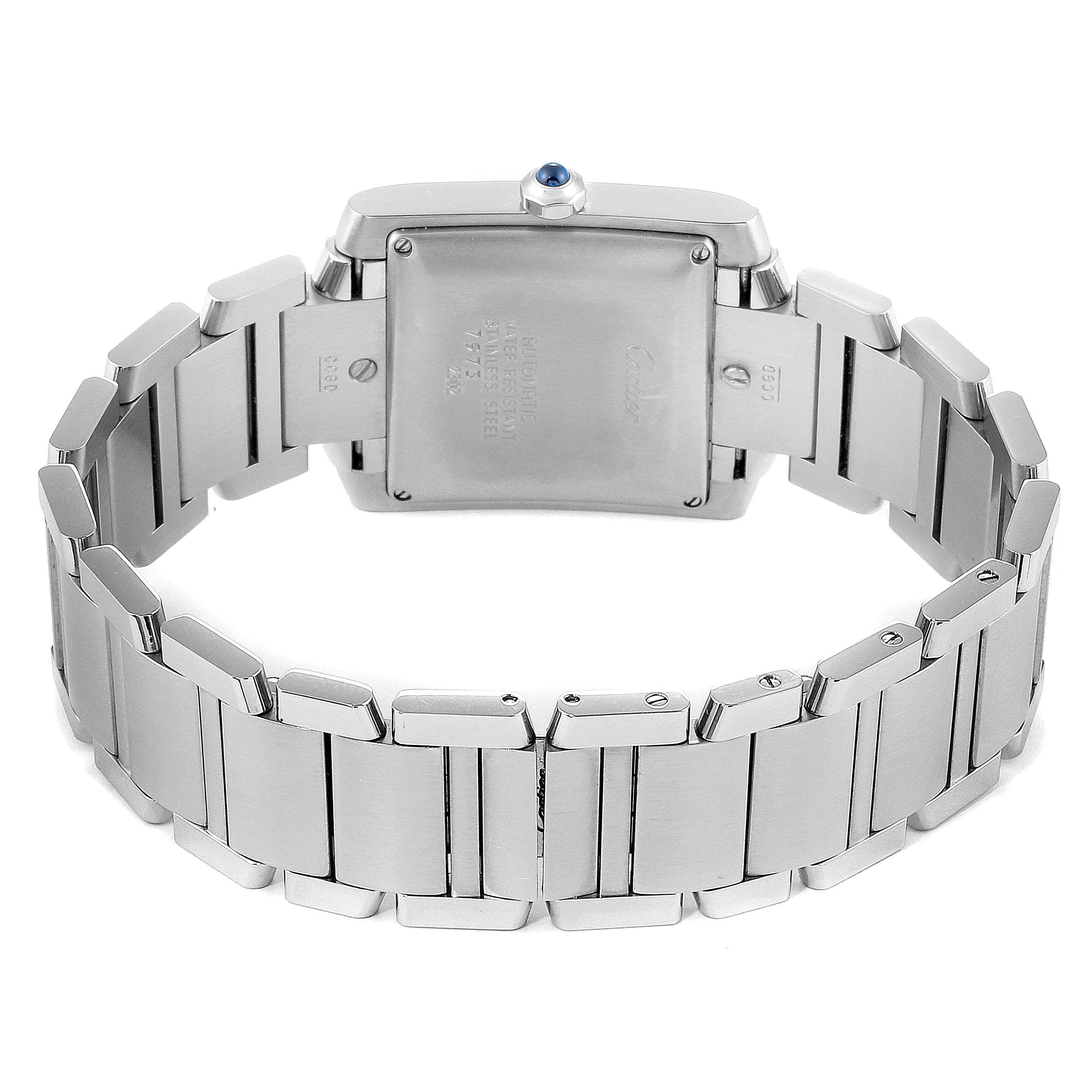 This image shows the back case and metallic bracelet of a Cartier Tank Française model watch at a rear angle.