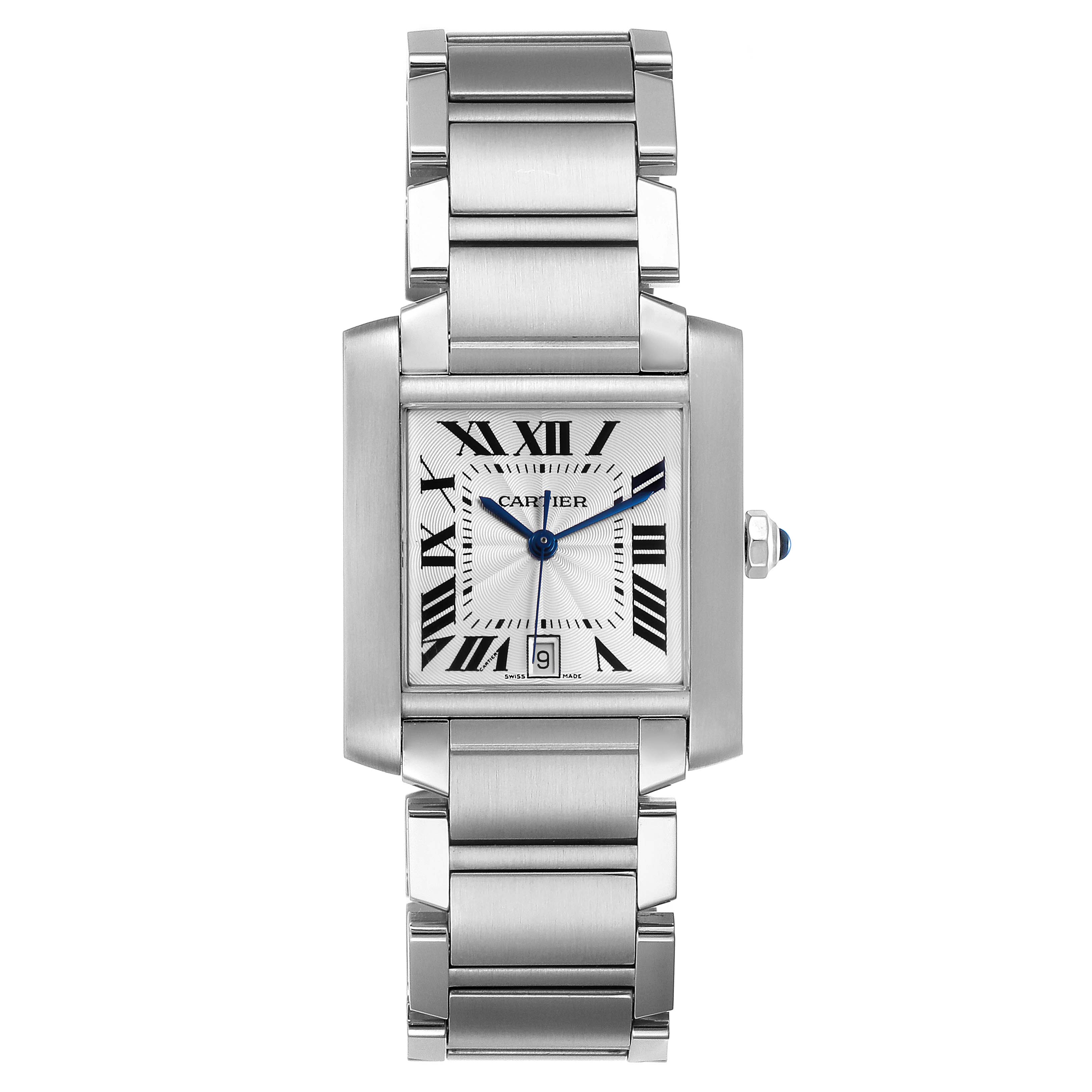 This Cartier Tank Francaise W51002Q3 Men's Stainless Steel Silver Dial W51002Q3 Men's Stainless Steel Silver Dial watch is shown from a straight-on angle, displaying the face, band, and crown.