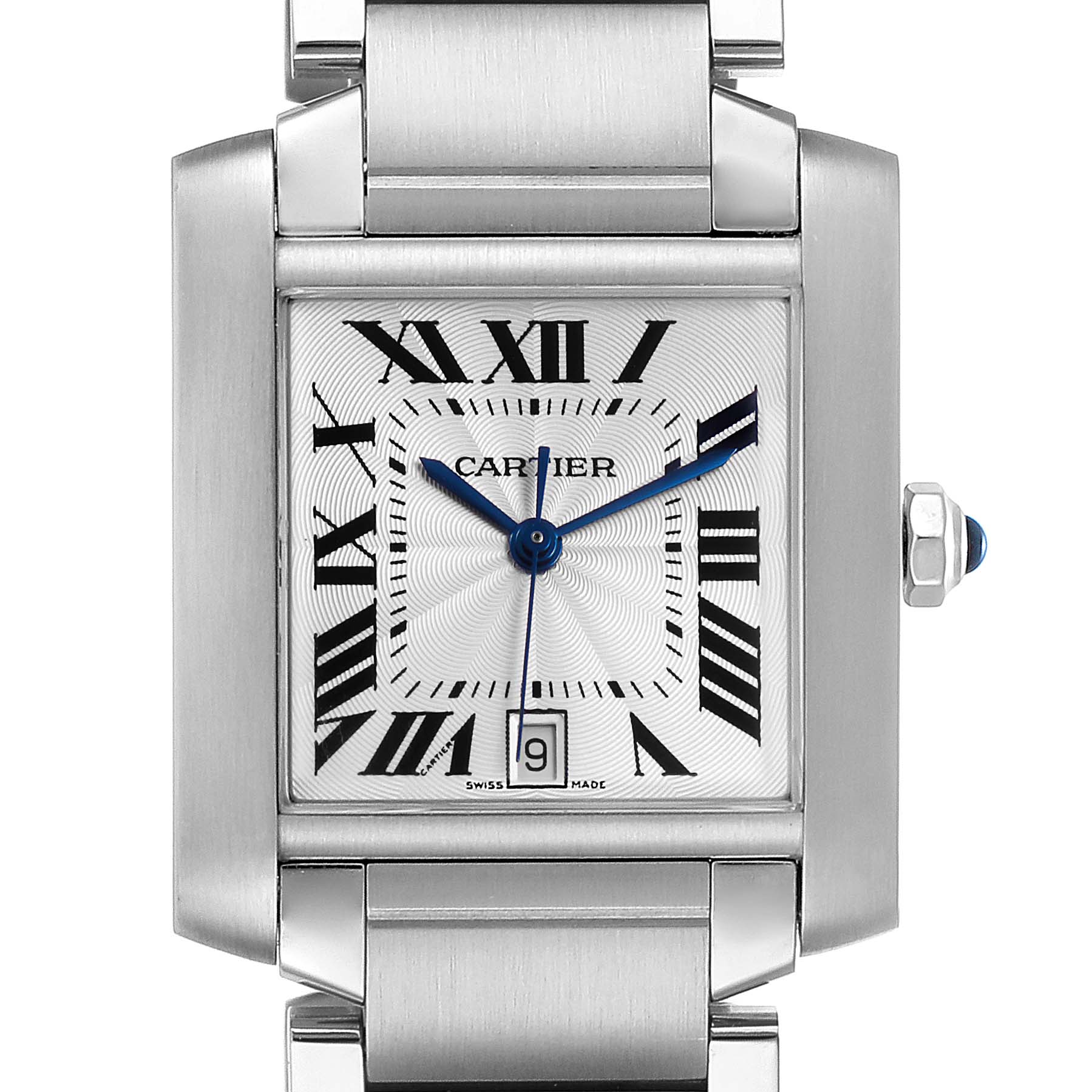 The image shows a front view of the Cartier Tank Francaise W51002Q3 Men's Stainless Steel Silver Dial W51002Q3 Men's Stainless Steel Silver Dial watch, highlighting the face, Roman numerals, and bracelet.