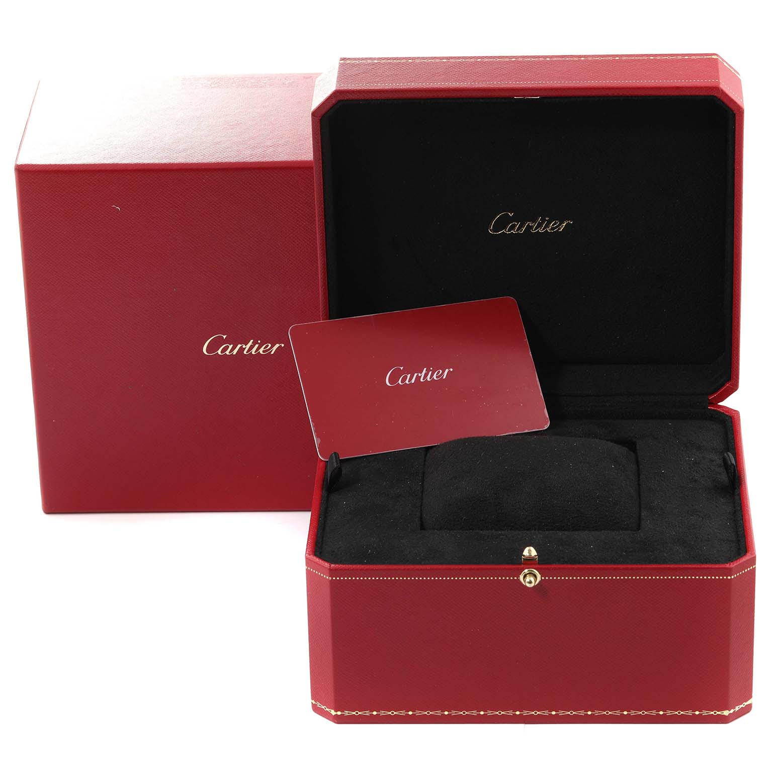 The image shows the packaging and accessories for a Cartier Tank Louis W1529856 Women's Yellow Gold Silver Dial W1529856 Women's Yellow Gold Silver Dial model watch, including the box and a warranty card.