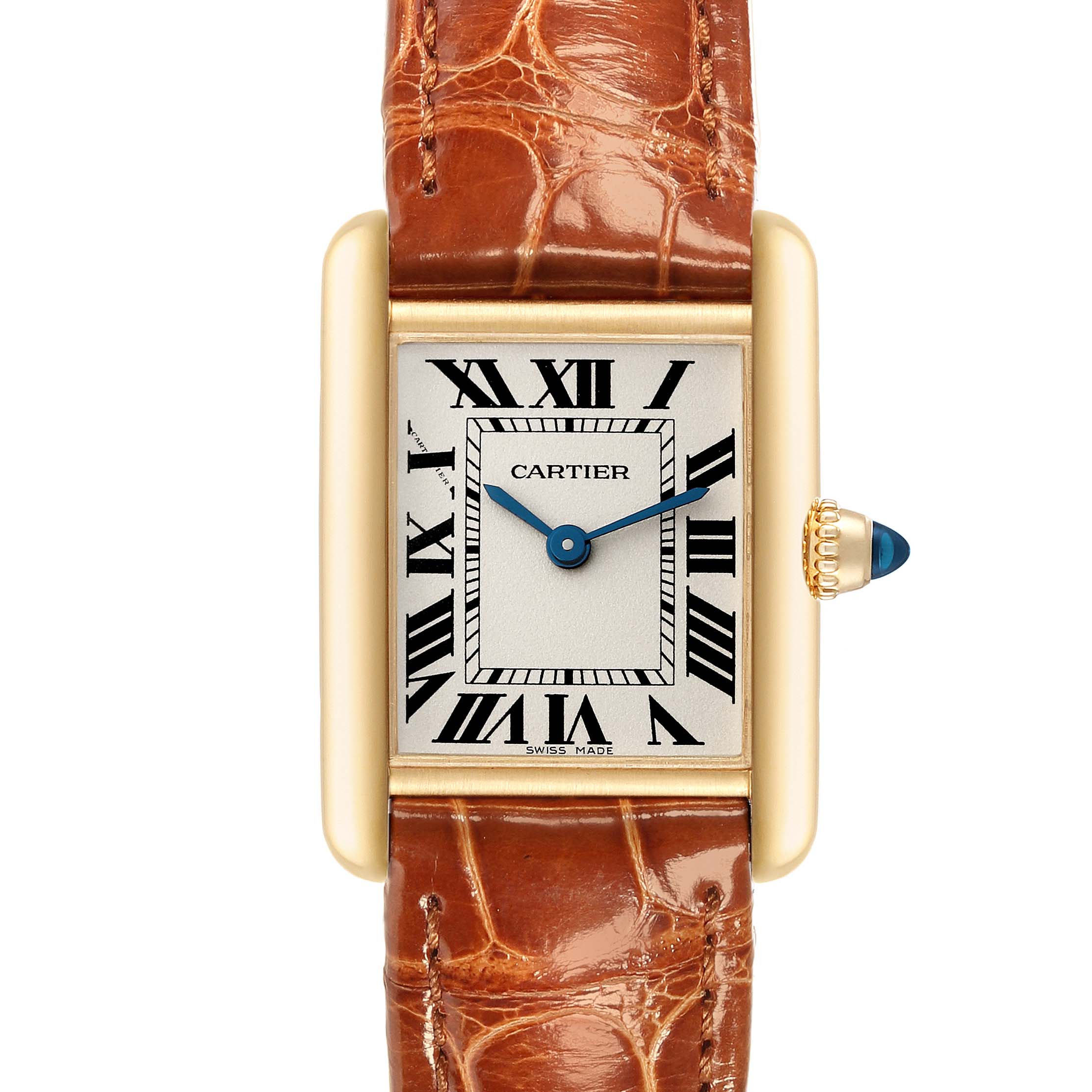 This image shows a full front view of the Cartier Tank Louis W1529856 Women's Yellow Gold Silver Dial W1529856 Women's Yellow Gold Silver Dial watch with a close-up on its dial and leather strap.