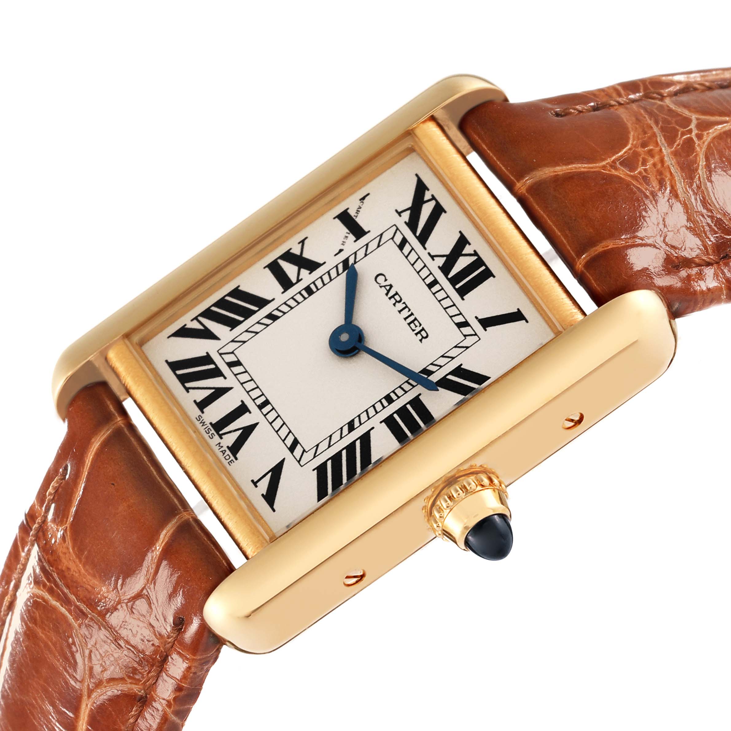 This image shows the face and side profile of the Cartier Tank Louis W1529856 Women's Yellow Gold Silver Dial W1529856 Women's Yellow Gold Silver Dial watch, highlighting the dial, hands, and crown.