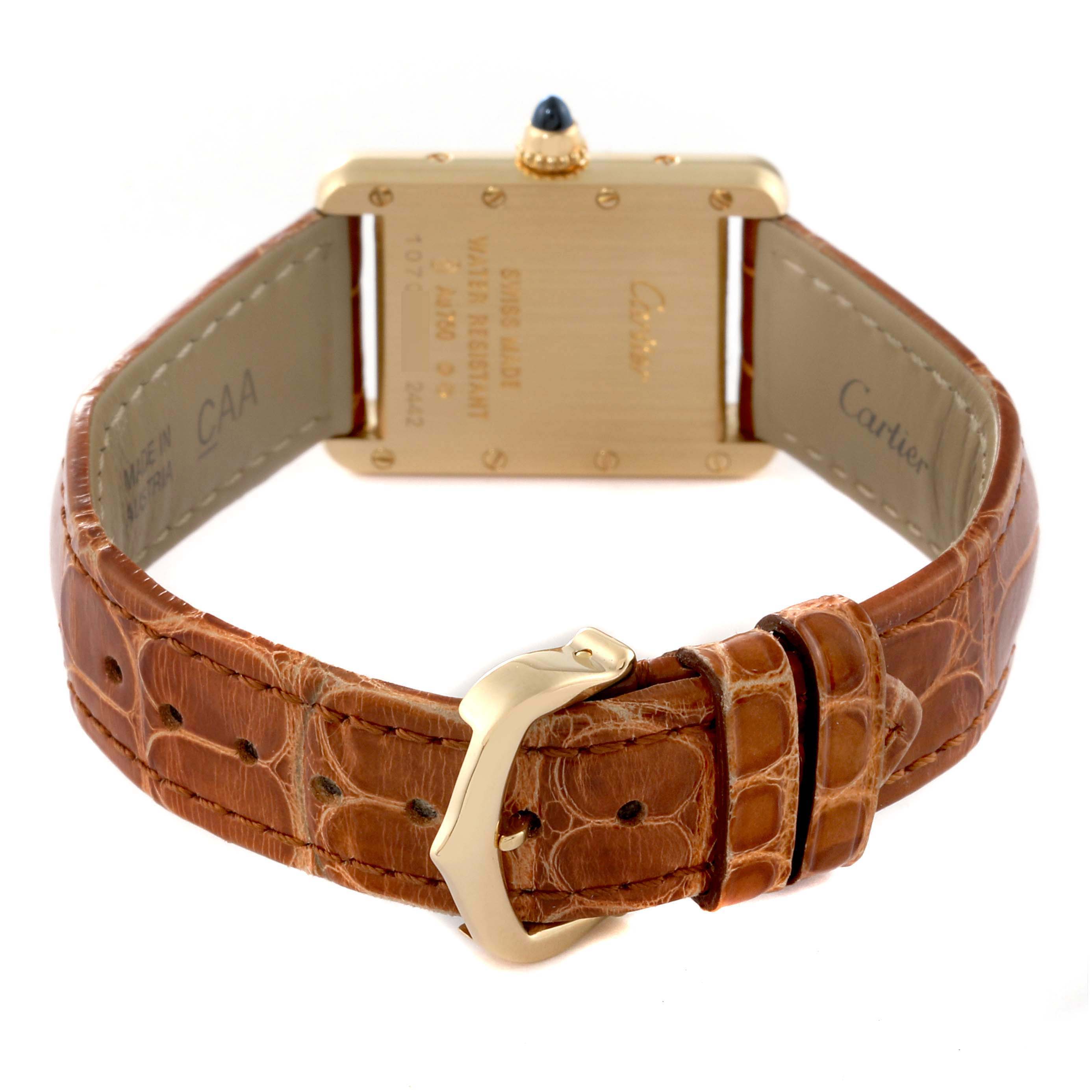 The image shows the back view of a Cartier Tank Louis W1529856 Women's Yellow Gold Silver Dial W1529856 Women's Yellow Gold Silver Dial watch, highlighting the brown leather strap and gold buckle.