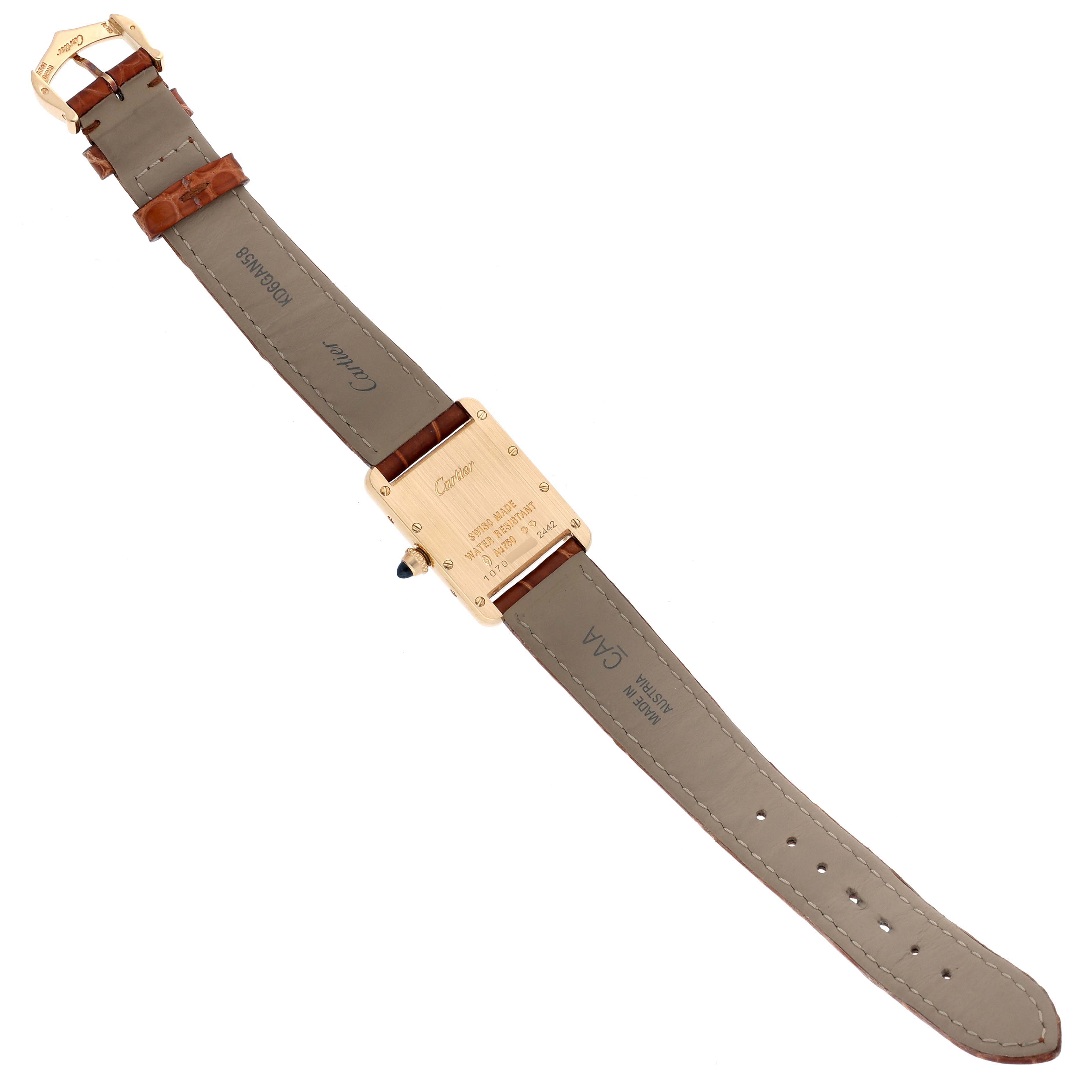 The image shows the back view of a Cartier Tank Louis W1529856 Women's Yellow Gold Silver Dial W1529856 Women's Yellow Gold Silver Dial watch, including the case back, strap, and clasp.