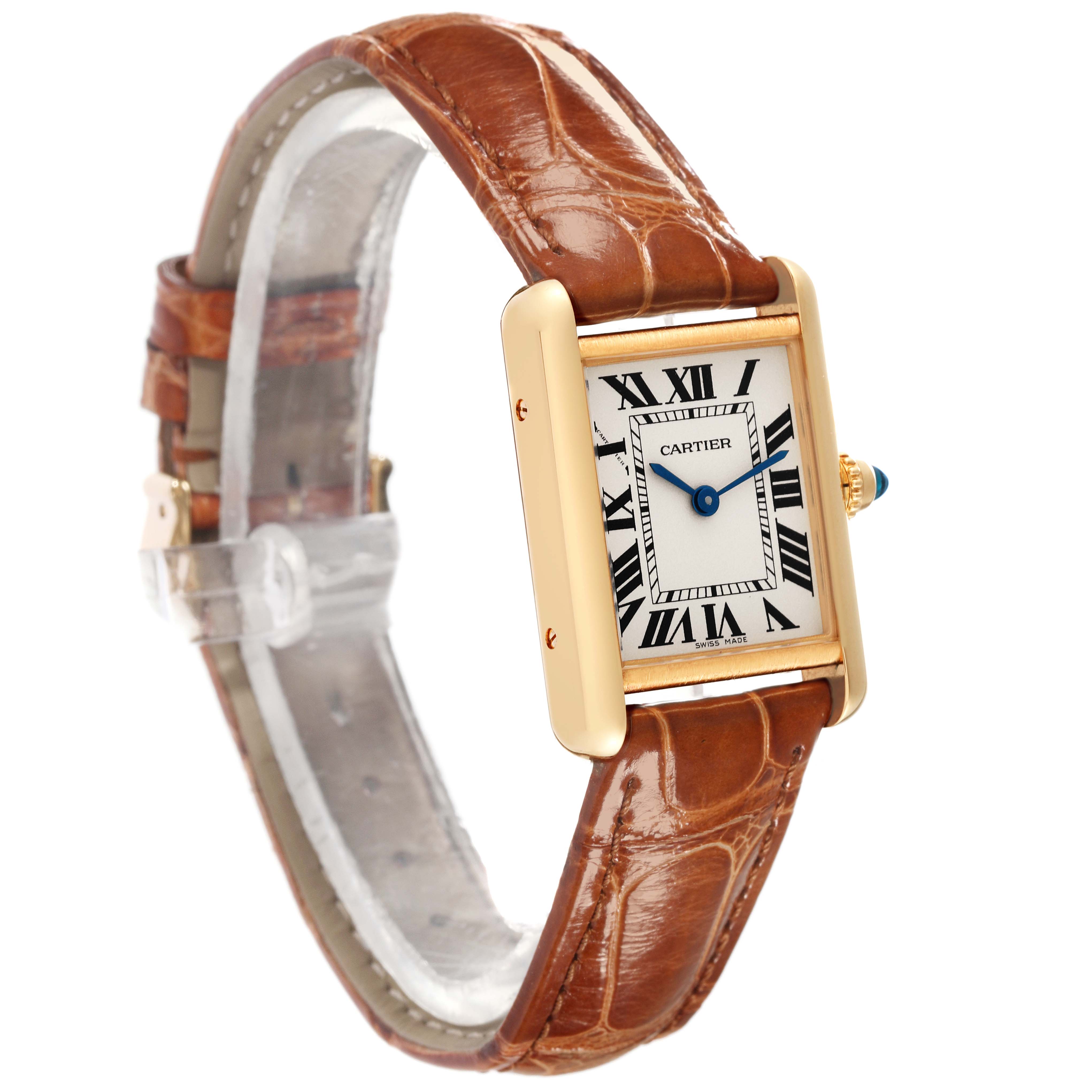 The image shows a Cartier Tank Louis W1529856 Women's Yellow Gold Silver Dial W1529856 Women's Yellow Gold Silver Dial watch at a slight angled side view, highlighting its rectangular face, roman numerals, and brown leather strap.