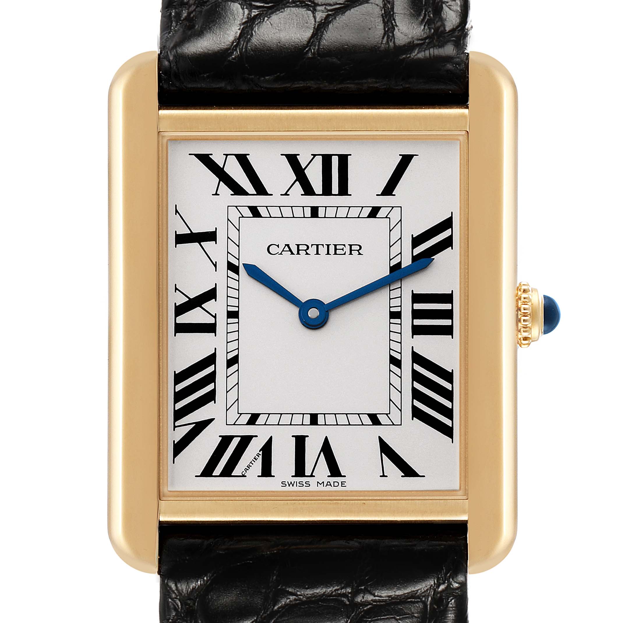 The Cartier Tank Solo W5200004 Men
s Steel and Gold (two tone) Silver Dial watch is shown from a frontal angle, highlighting the dial, Roman numerals, blue hands, crown, and leather strap.