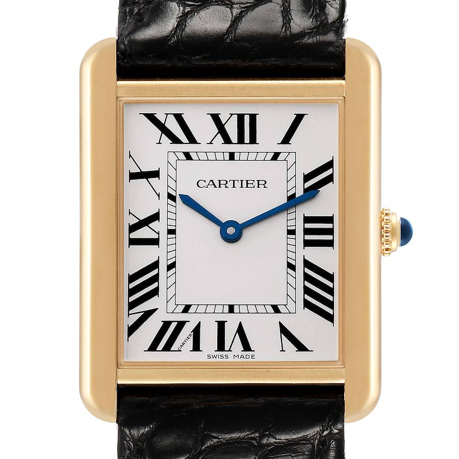 The Cartier Tank Solo W5200004 Men's Steel and Gold (two tone) Silver Dial watch is shown from a frontal angle, highlighting the dial, Roman numerals, blue hands, crown, and leather strap.