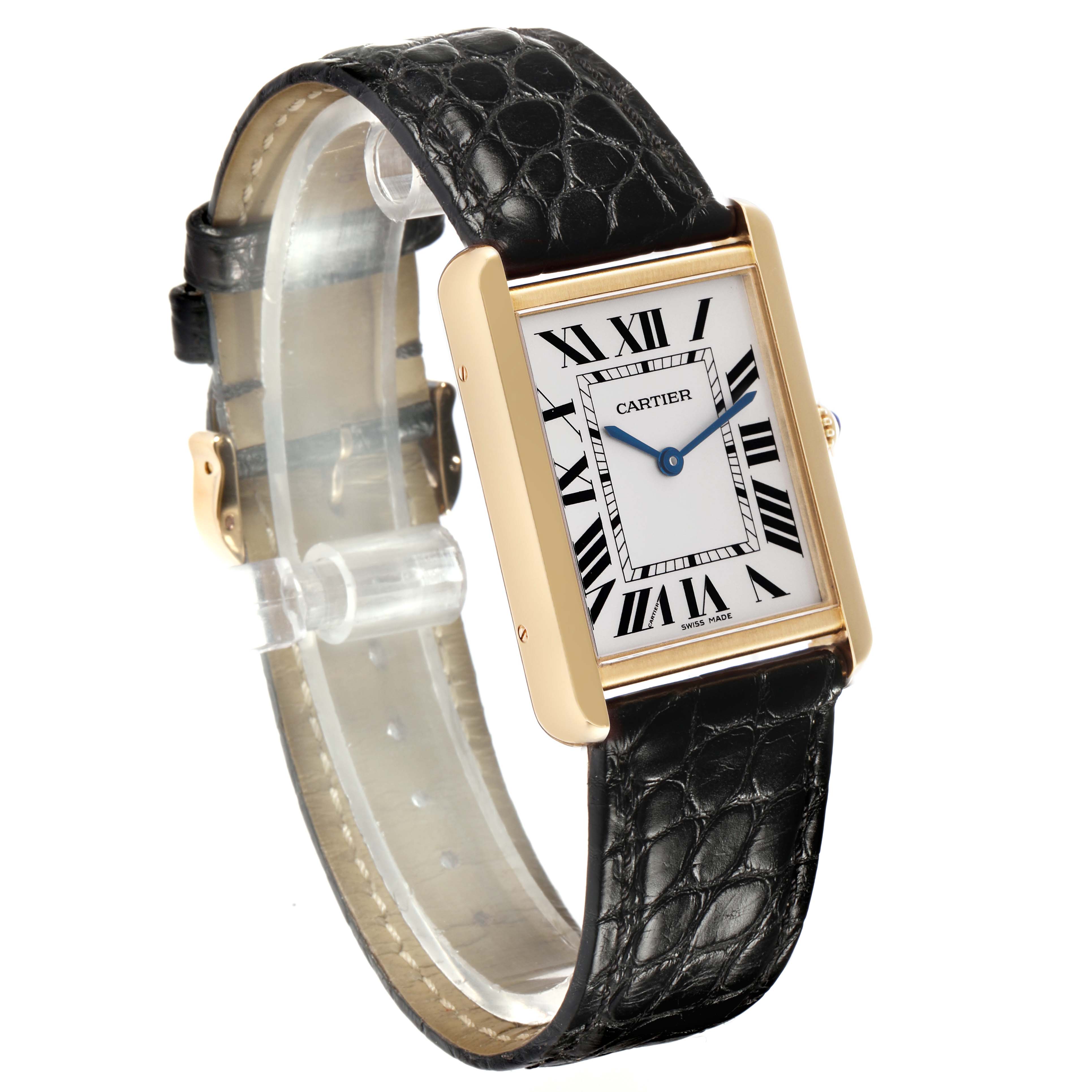 The Cartier Tank Solo W5200004 Men
s Steel and Gold (two tone) Silver Dial watch is shown at an angled view, displaying the face, strap, and side profile.