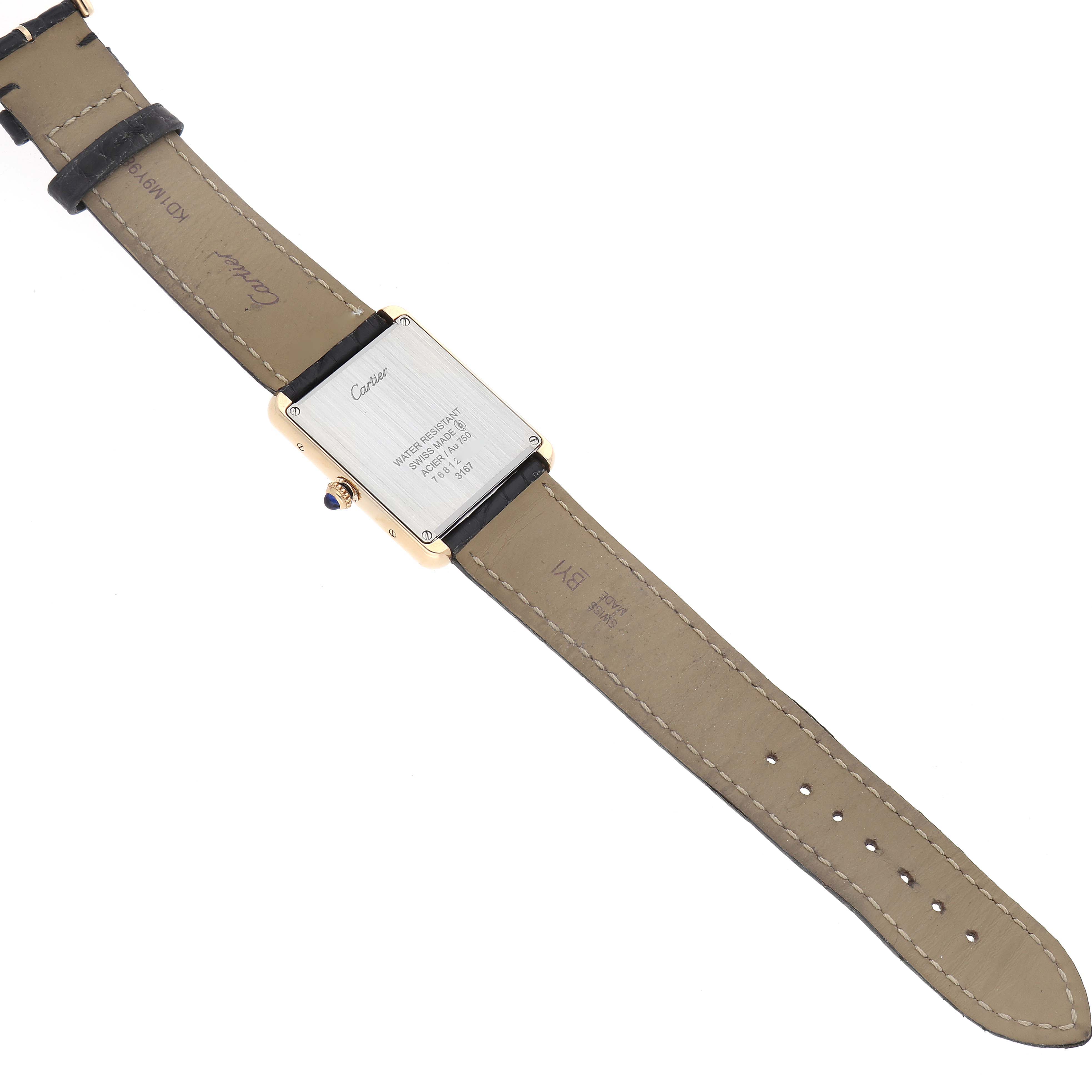 The image shows the back of the Cartier Tank Solo W5200004 Men
s Steel and Gold (two tone) Silver Dial watch, featuring the case back and leather strap from an above angle.