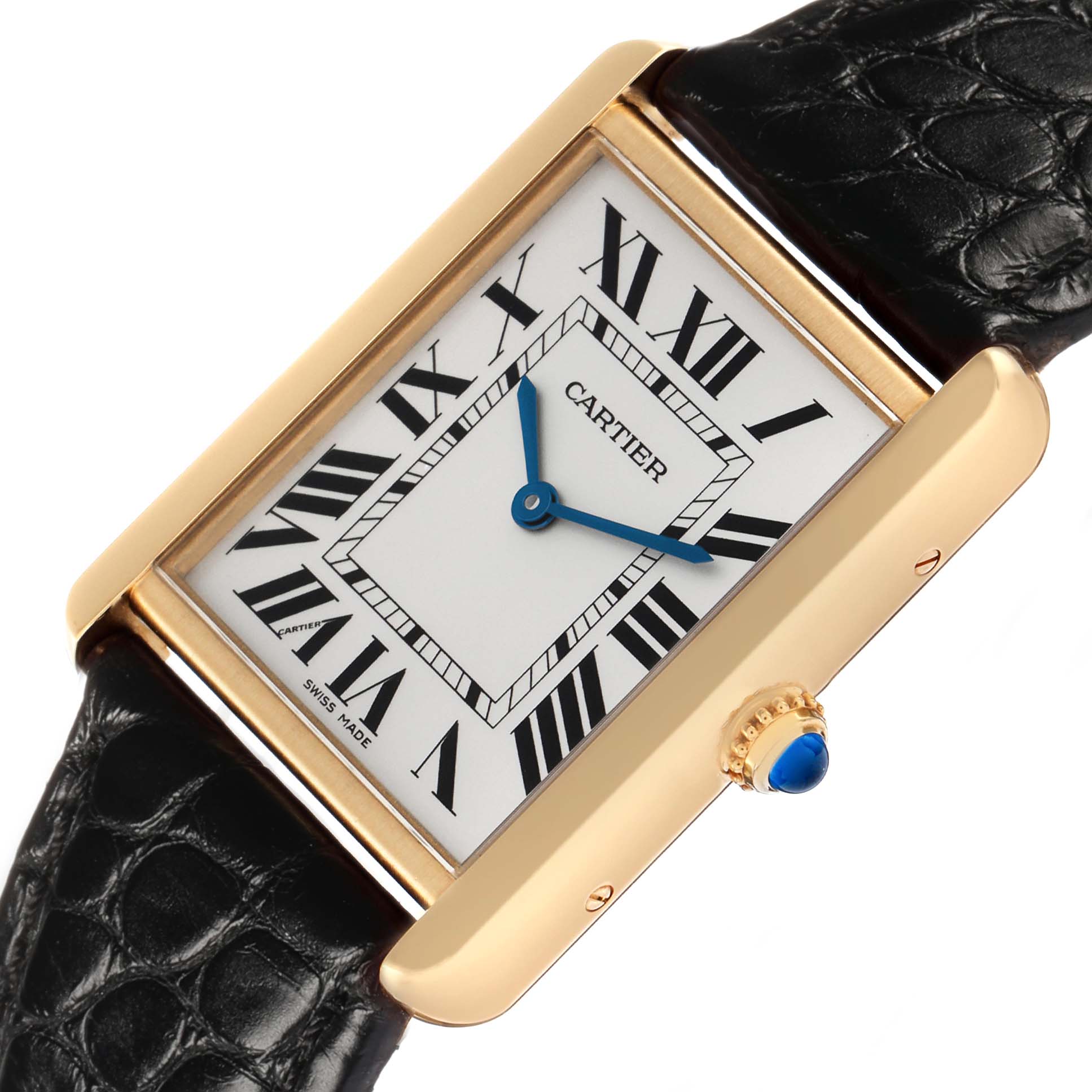 The Cartier Tank Solo W5200004 Men
s Steel and Gold (two tone) Silver Dial watch is shown from a front angle, displaying the dial, case, and part of the leather strap.