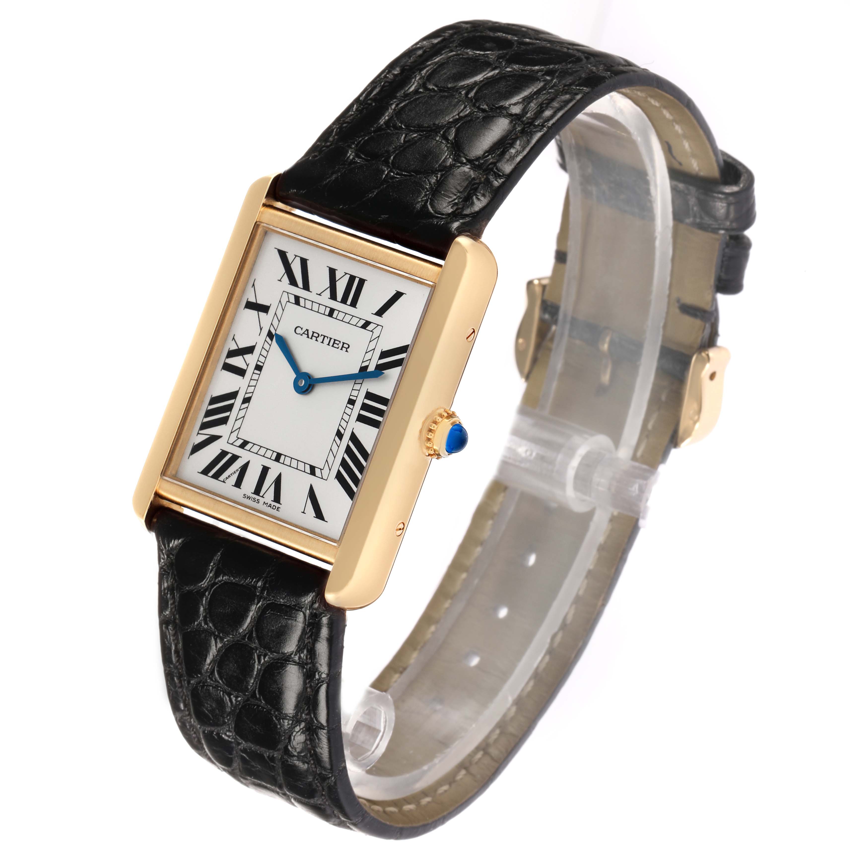 The Cartier Tank Solo W5200004 Men
s Steel and Gold (two tone) Silver Dial watch is shown at a three-quarter angle, displaying the face, roman numerals, blue hands, crown, and black leather strap.