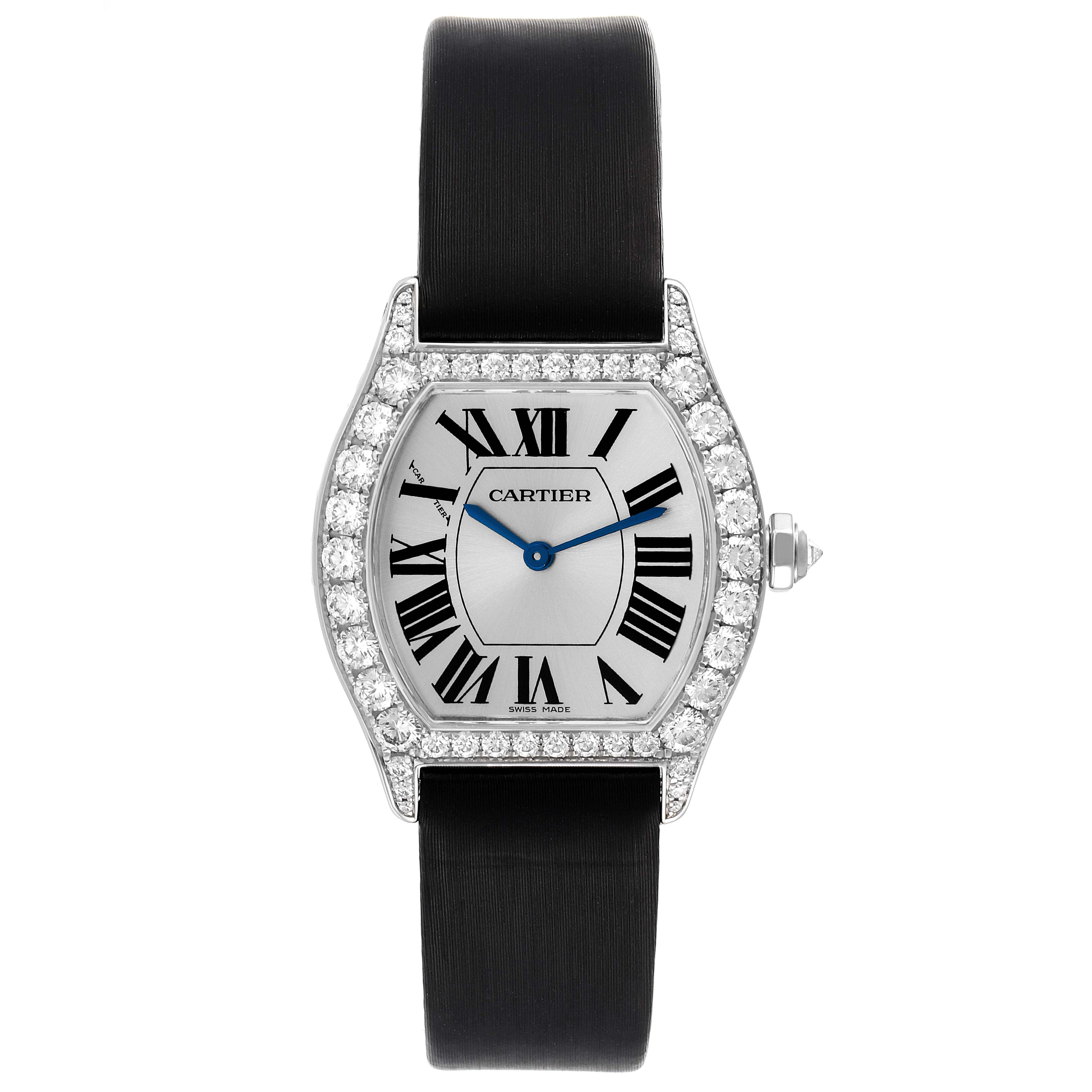 The image shows the front view of a Cartier Tortue WA507231 Women's White Gold Silver Dial WA507231 Women's White Gold Silver Dial watch with a black strap and diamond bezel.