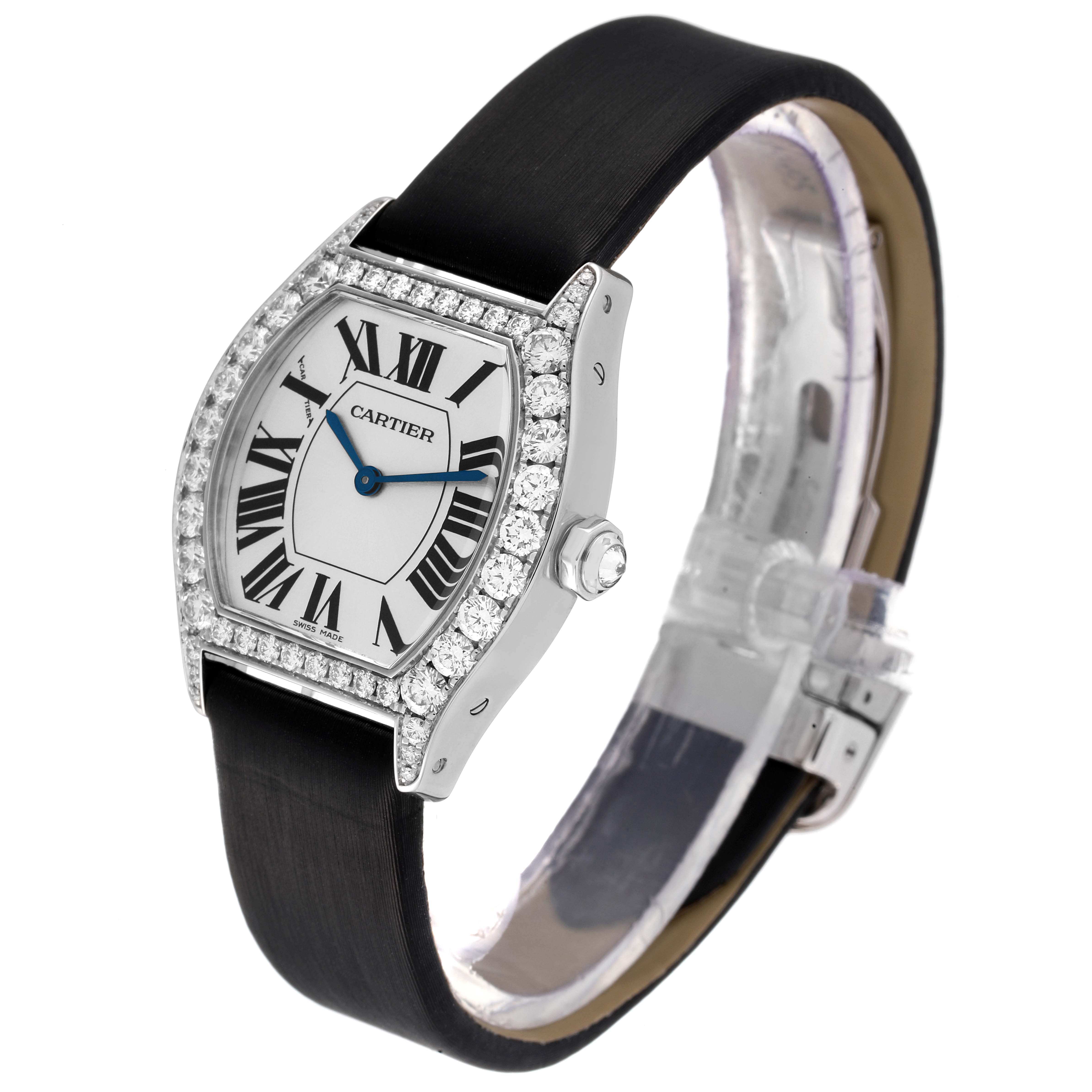 The Cartier Tortue WA507231 Women's White Gold Silver Dial WA507231 Women's White Gold Silver Dial watch is shown at a three-quarter angle, displaying the face, bezel, and strap.
