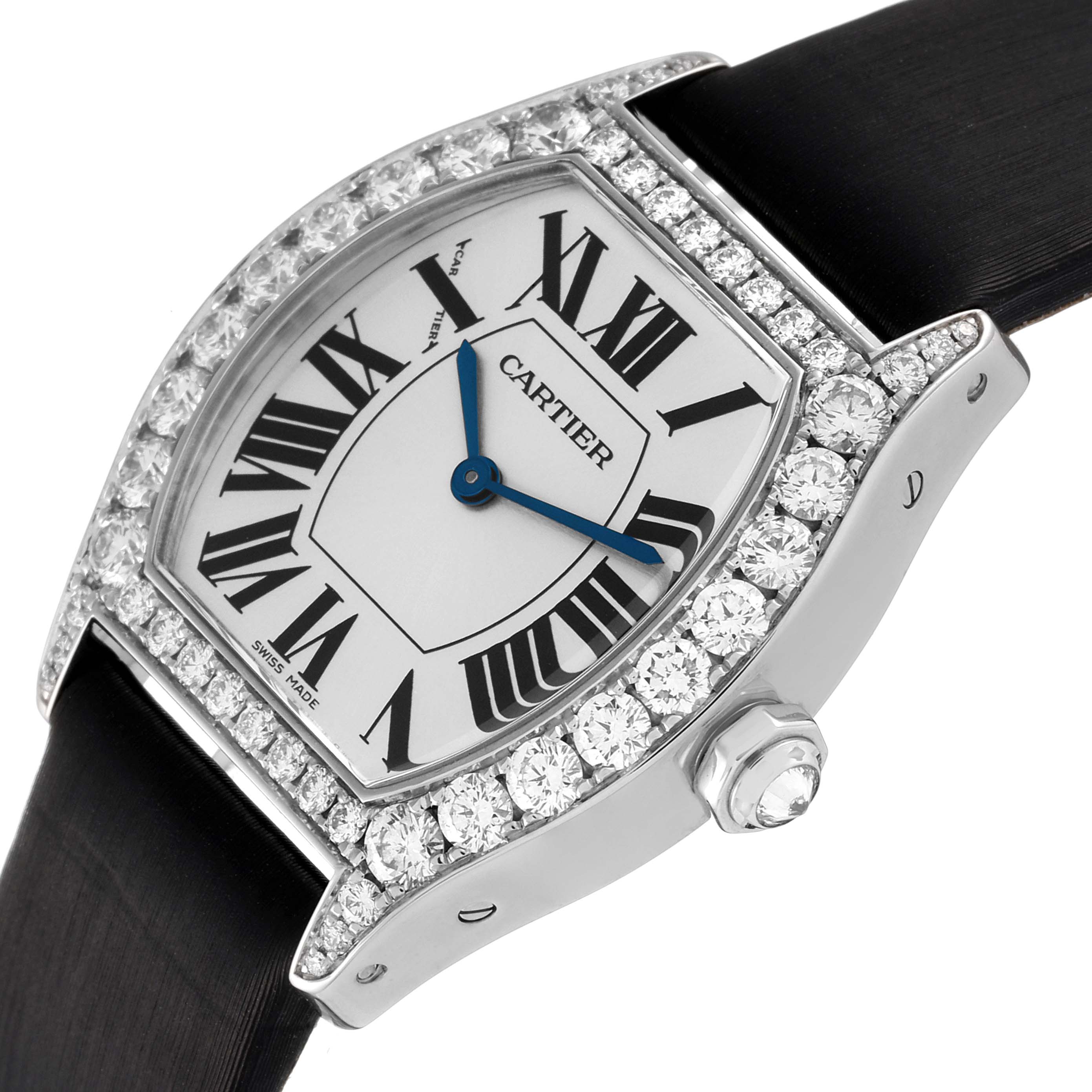 This image shows a close-up angle of the face and part of the strap of a Cartier Tortue WA507231 Women's White Gold Silver Dial WA507231 Women's White Gold Silver Dial watch, highlighting its diamond bezel.