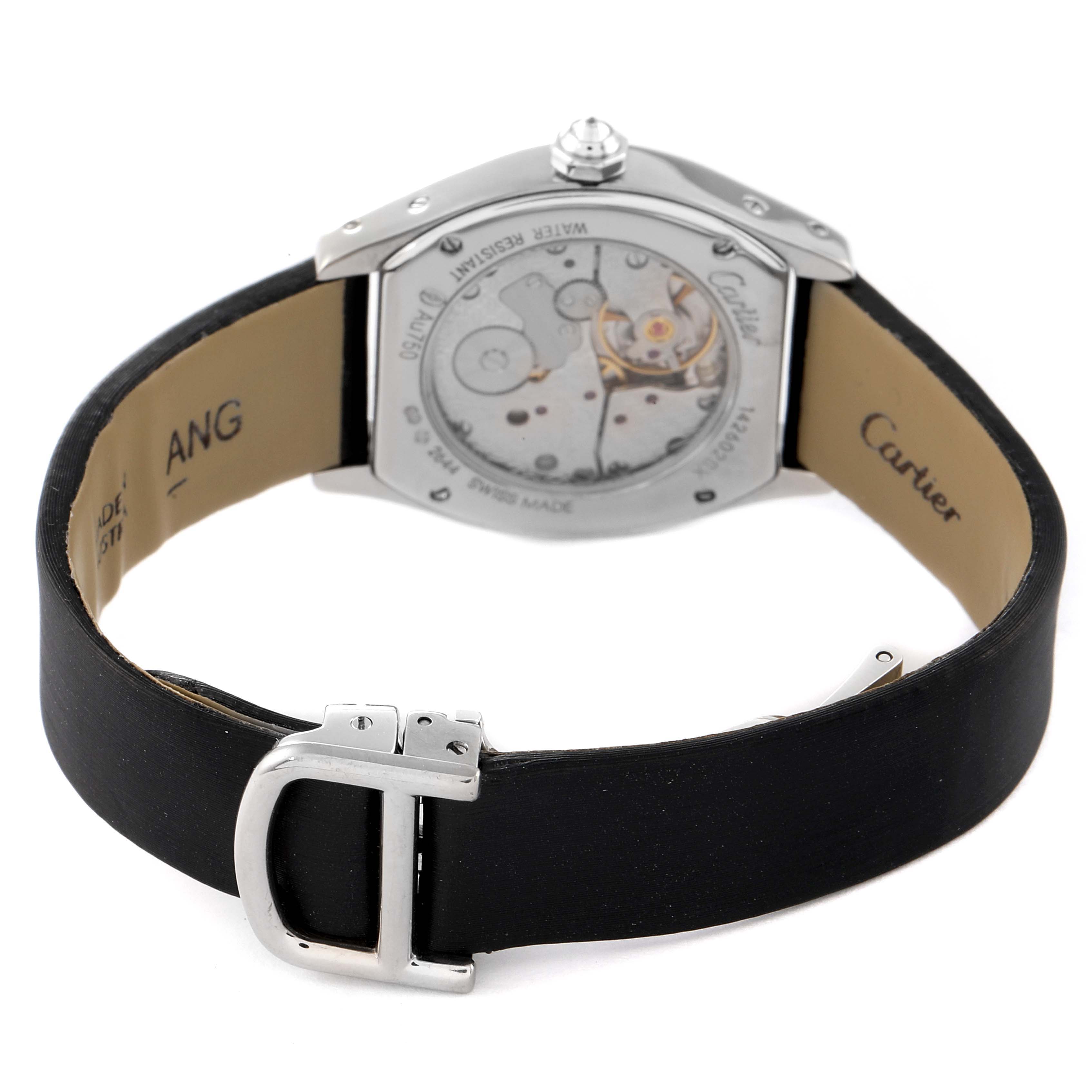 This image shows the back view of a Cartier Tortue WA507231 Women's White Gold Silver Dial WA507231 Women's White Gold Silver Dial watch, displaying the movement and black leather strap.