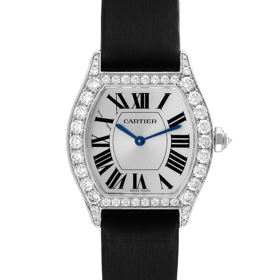 Cartier Tortue 18k White Gold Diamond Black Strap Ladies Watch WA507231 SwissWatchExpo