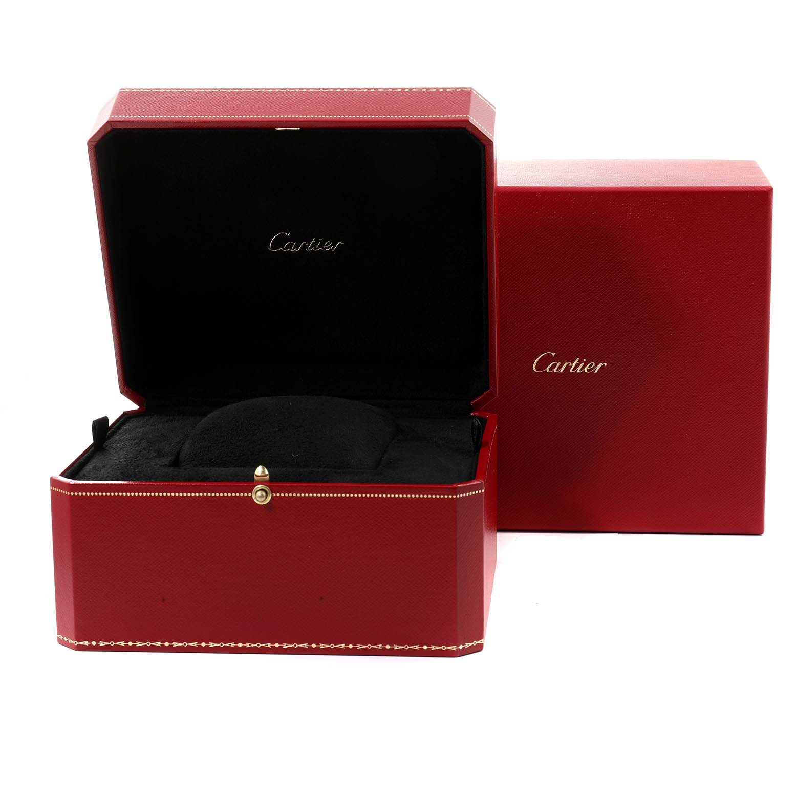 The image shows a red Cartier watch box with the lid open, revealing a black interior cushion, designed for the Tortue model.