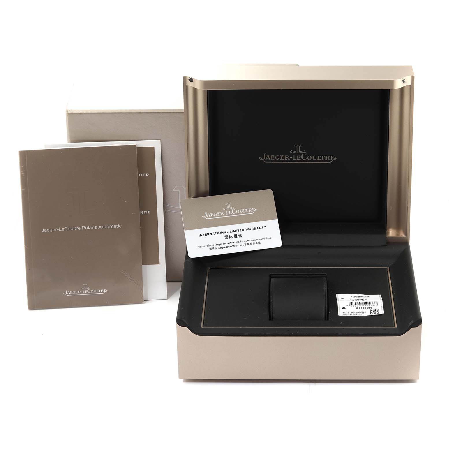 The image shows the Jaeger LeCoultre Polaris Q9008180 Men's Stainless Steel Blue Dial Q9008180 Men's Stainless Steel Blue Dial watch packaging, including the watch box, manuals, and warranty card.