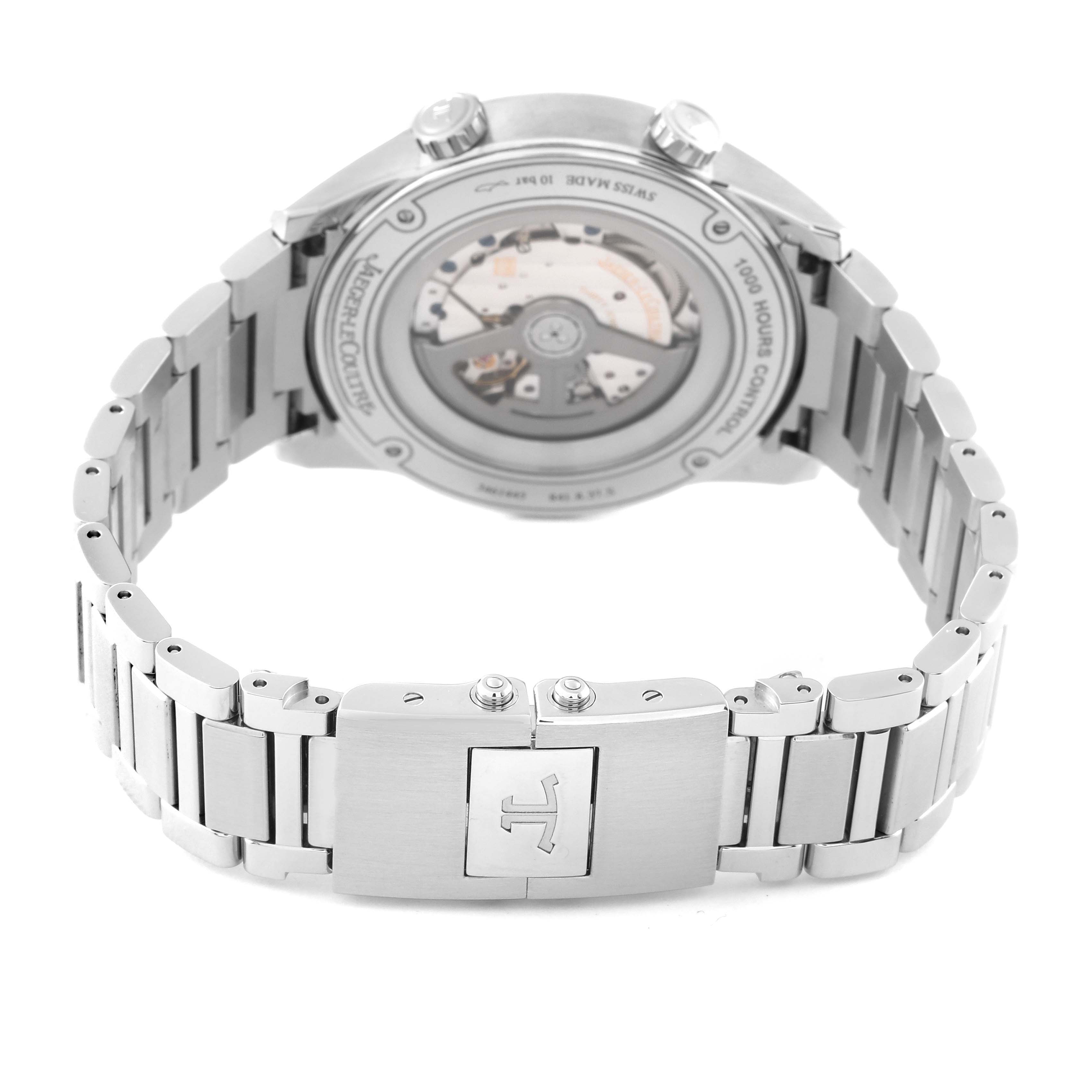 This image shows the back of the Jaeger-LeCoultre Polaris watch, featuring the case back and stainless steel bracelet with clasp.
