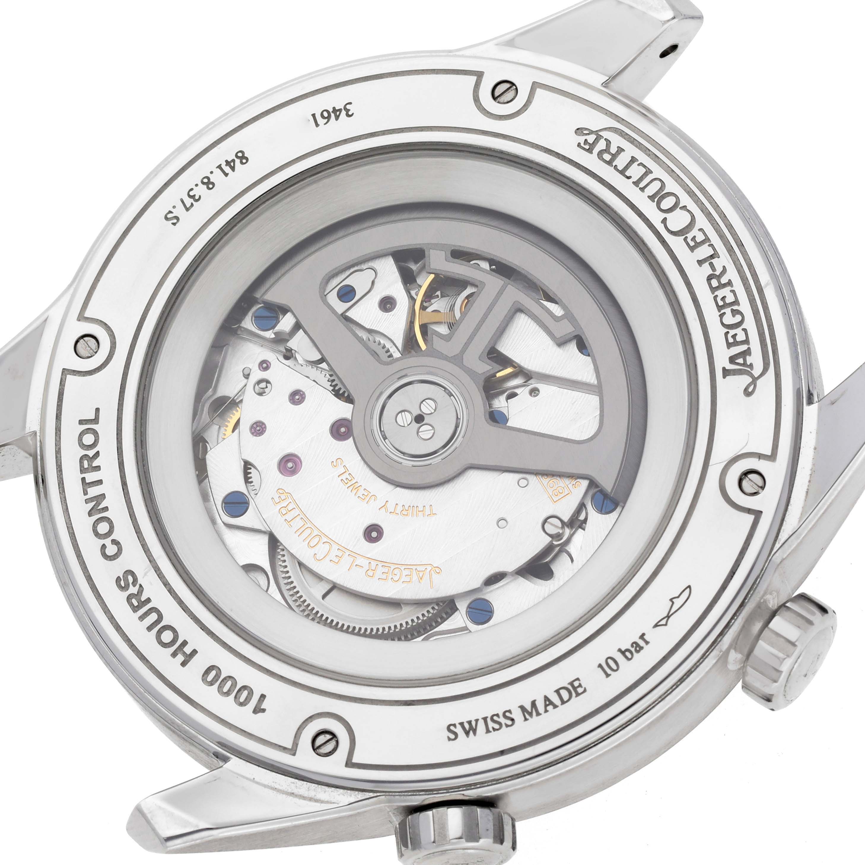 This image shows the back view of the Jaeger LeCoultre Polaris Q9008180 Men's Stainless Steel Blue Dial Q9008180 Men's Stainless Steel Blue Dial watch, highlighting its exposed movement and intricate mechanics.