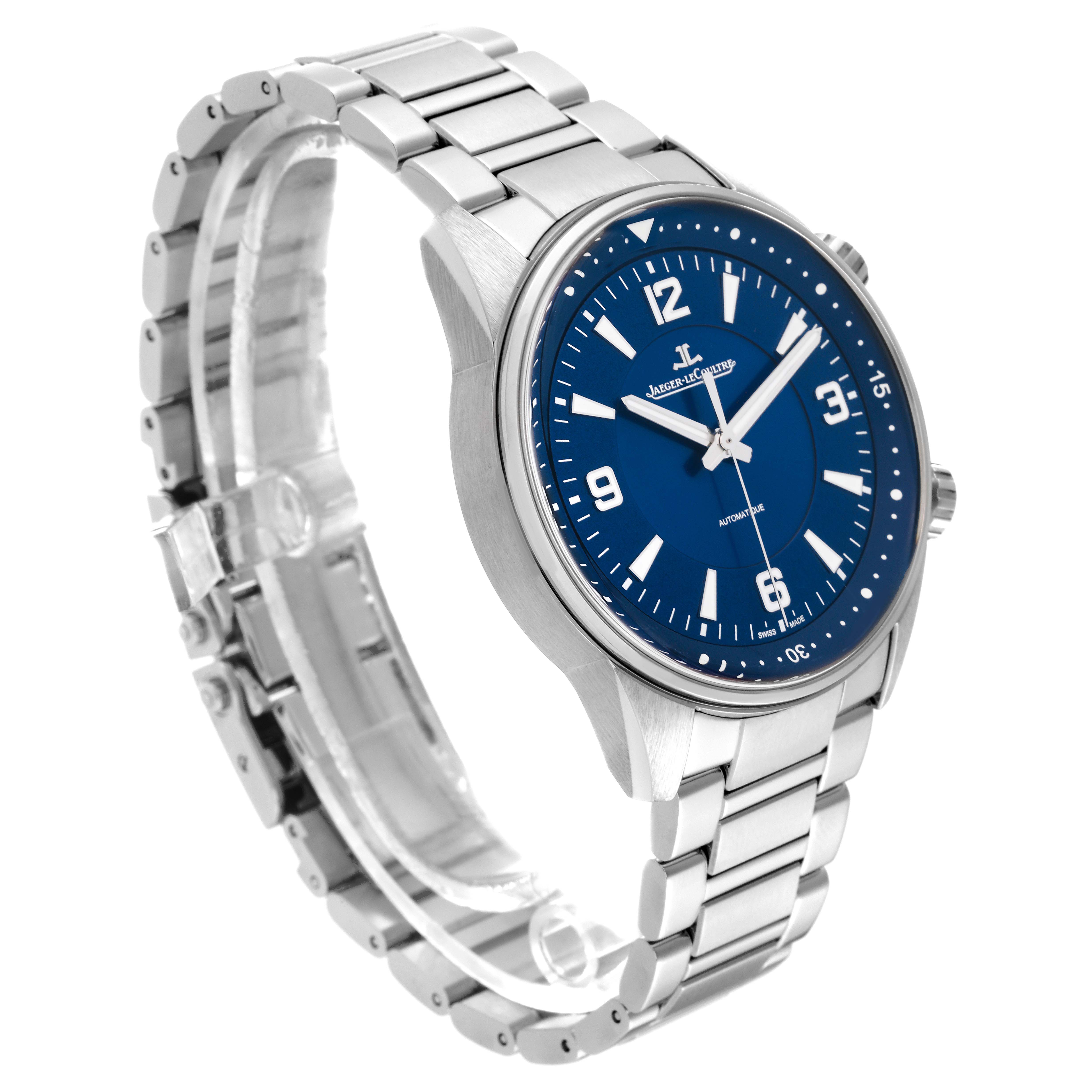 This image shows a side angle of the Polaris model by Jaeger LeCoultre, highlighting the watch face and stainless steel bracelet.